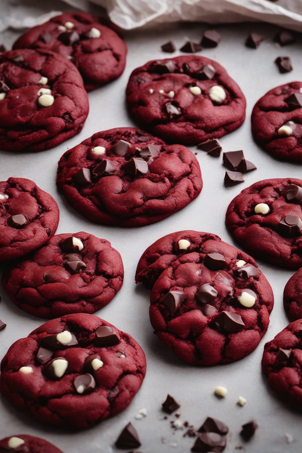 A high-resolution photo of red velvet chewy chocolate chip cookies, vibrant color, under soft lighting.