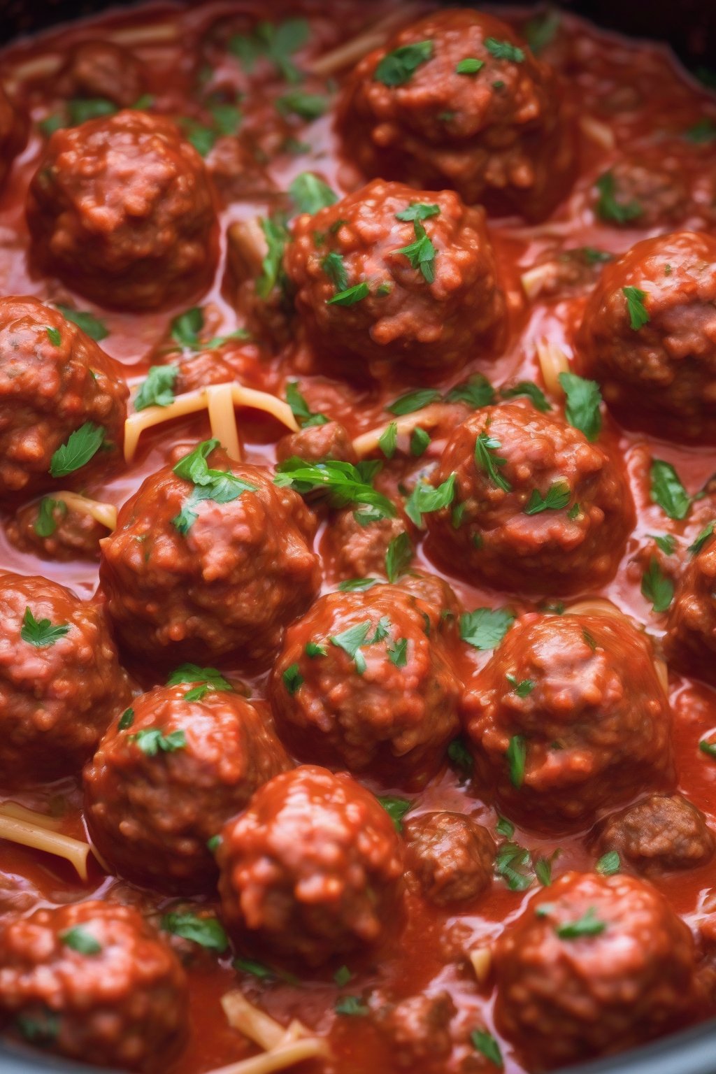 A high-resolution close-up photo of classic Italian beef meatballs simmering in rich tomato sauce over pasta, under soft lighting.