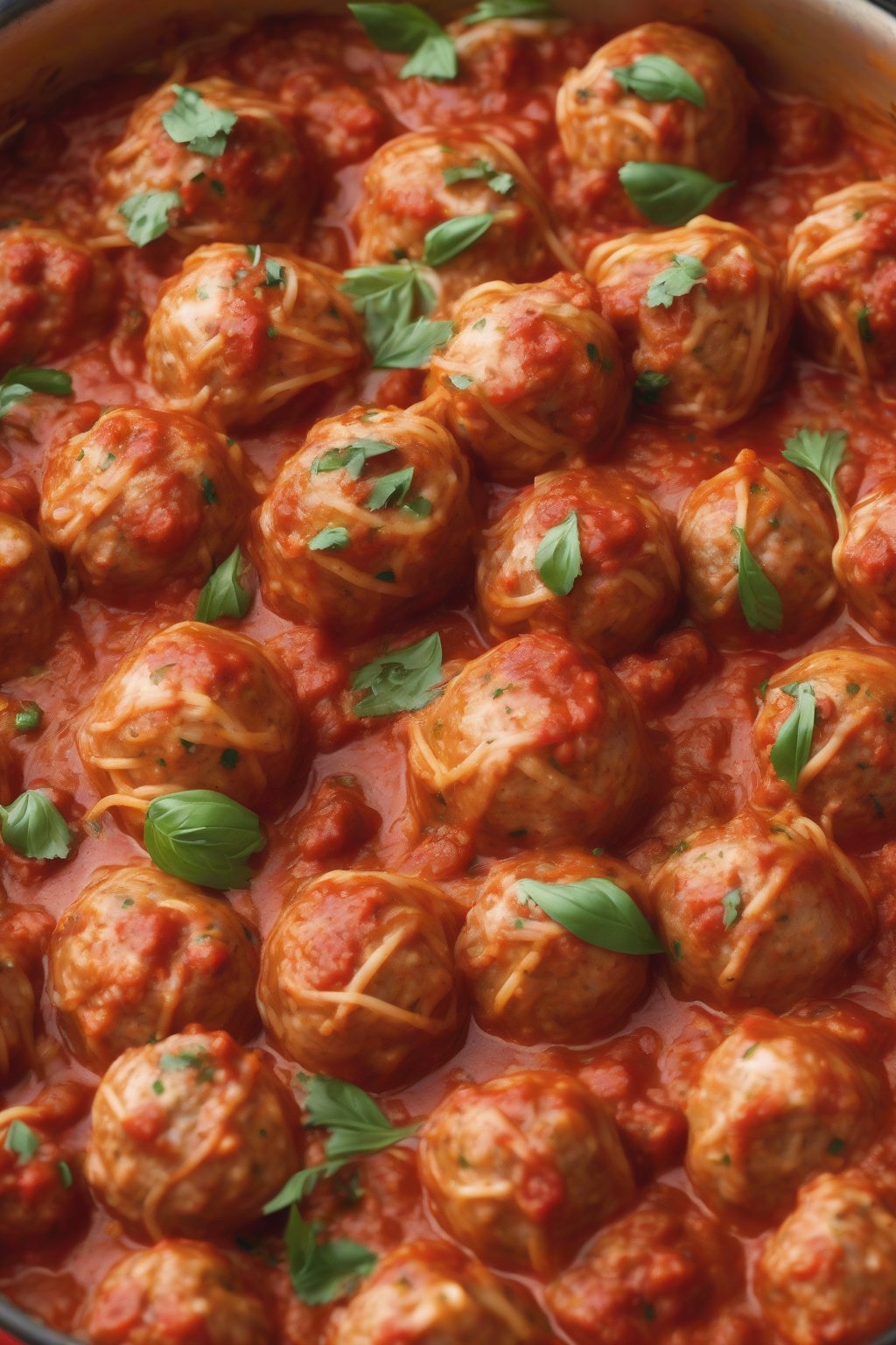 A high-resolution close-up photo of golden turkey meatballs tossed with spaghetti in marinara, under soft lighting.