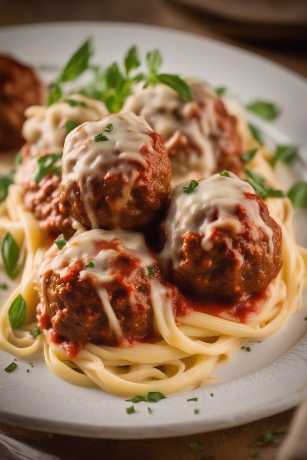 A high-resolution close-up photo of mozzarella-stuffed meatballs oozing cheese over fettuccine, under soft lighting.