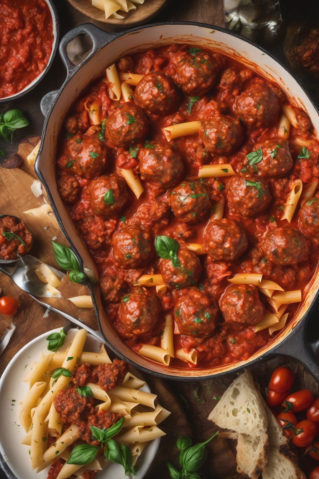 A high-resolution close-up photo of spicy sausage meatballs in arrabbiata sauce with penne, under soft lighting.