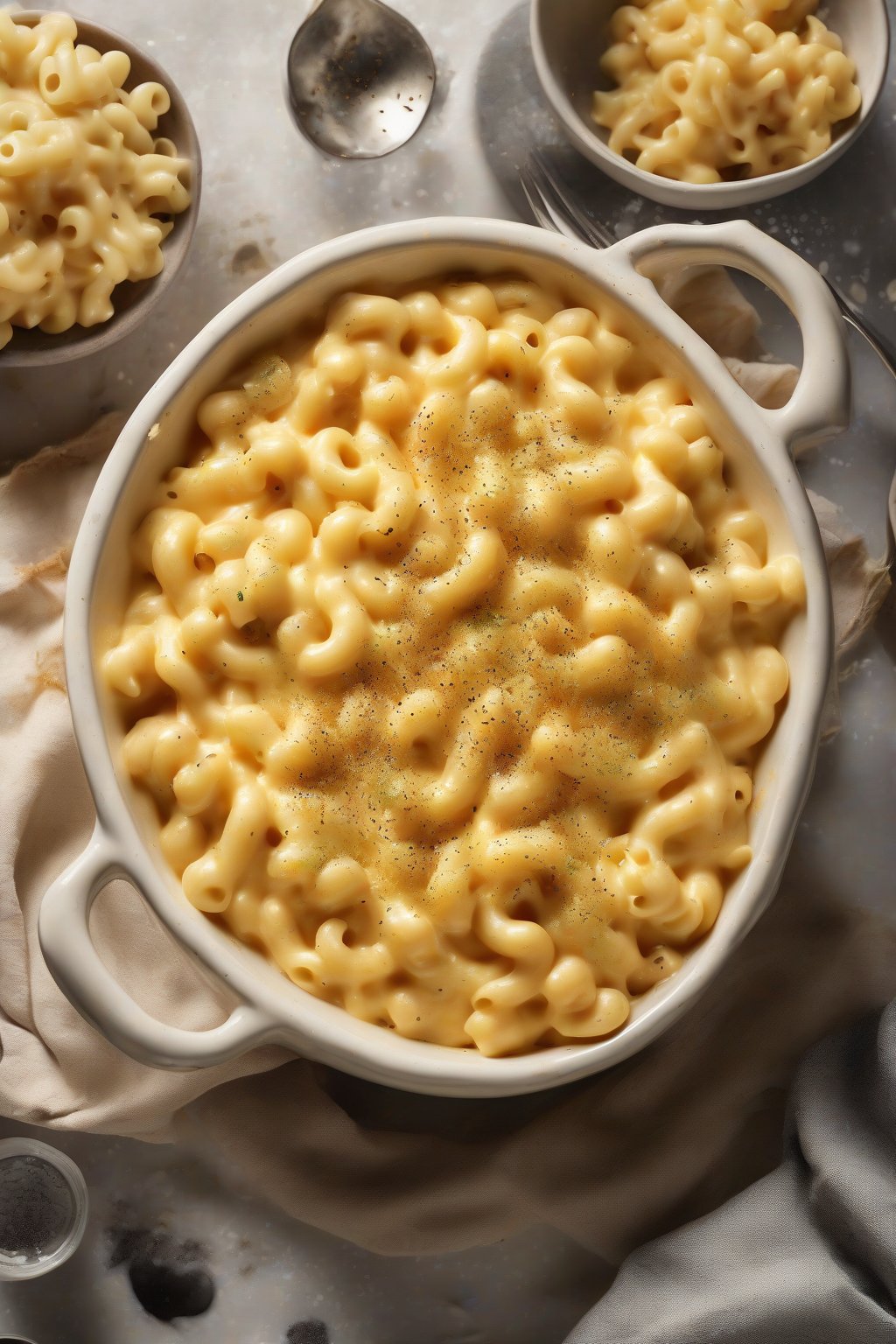A high-resolution photo of a steaming bowl of creamy classic one-pot mac and cheese, golden and bubbly, garnished with a sprinkle of black pepper under soft lighting.