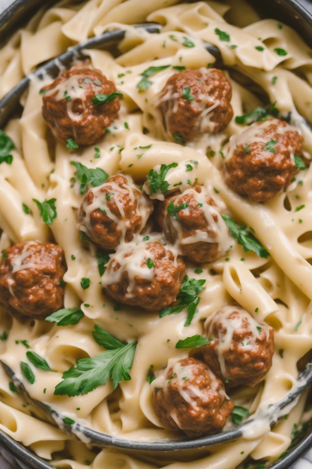 A high-resolution close-up photo of garlic Parmesan meatballs nestled in creamy Alfredo pasta, under soft lighting.
