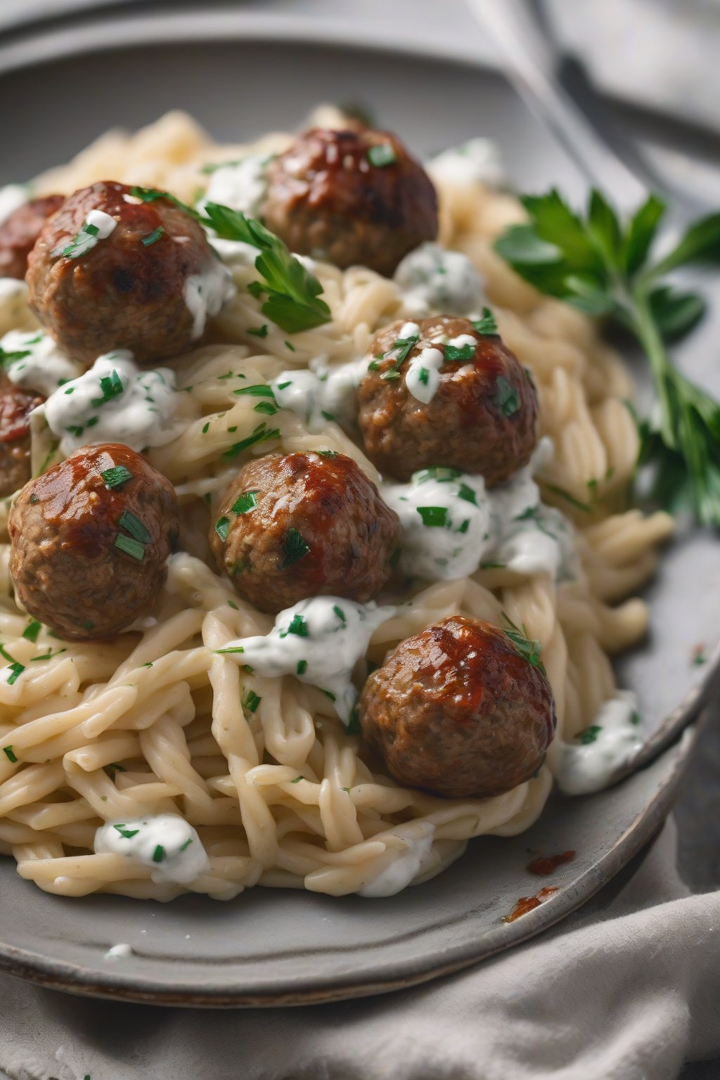 A high-resolution close-up photo of Greek lamb meatballs with tzatziki drizzle on orzo pasta, under soft lighting.