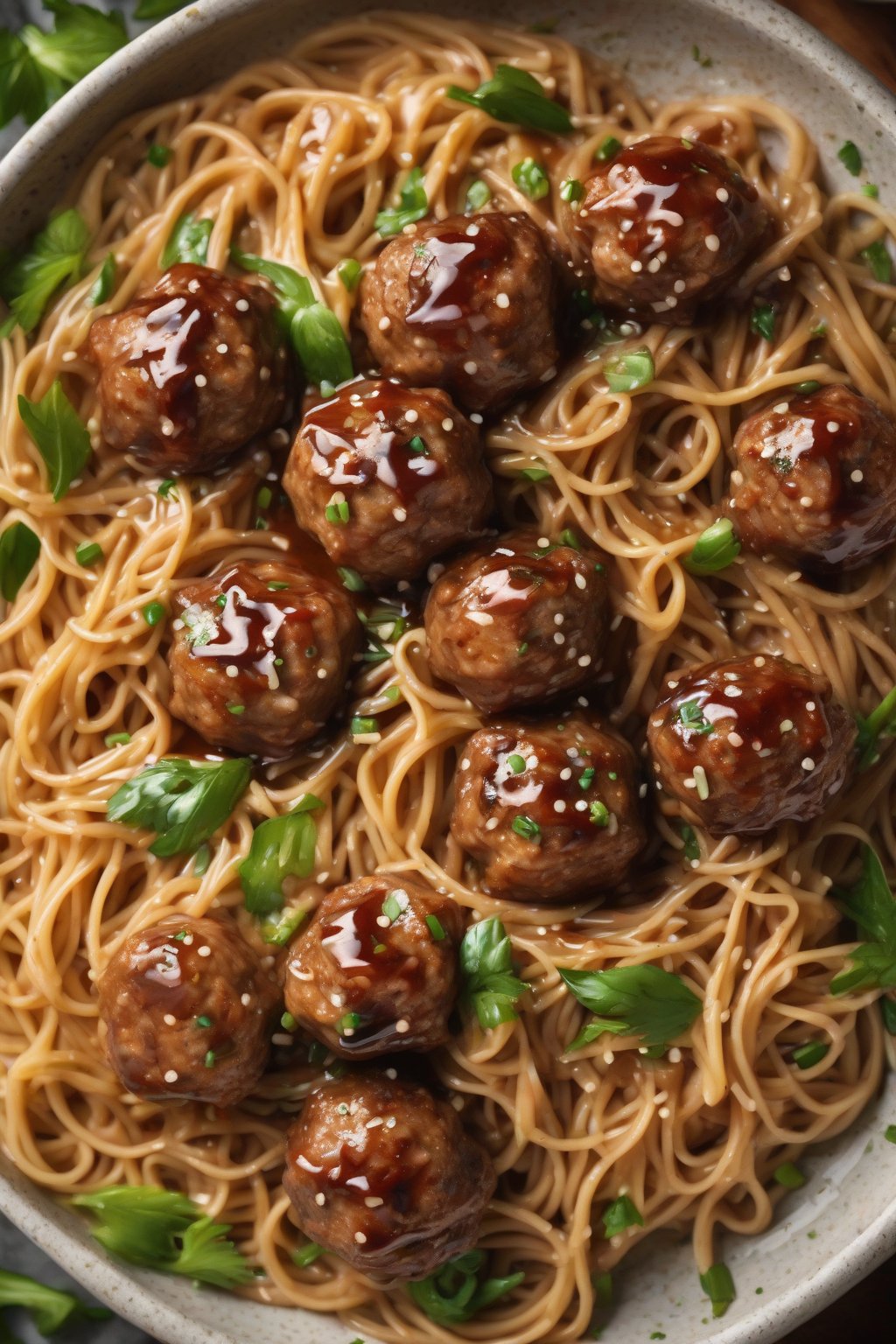 A high-resolution close-up photo of sesame-glazed pork meatballs over noodle pasta, under soft lighting.