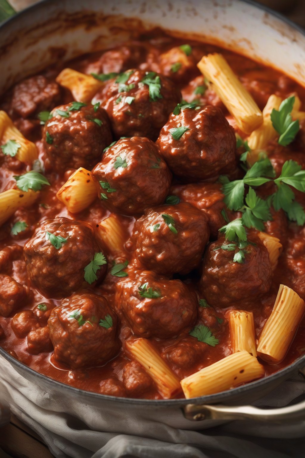 A high-resolution close-up photo of BBQ beef meatballs in a smoky sauce with rigatoni, under soft lighting.