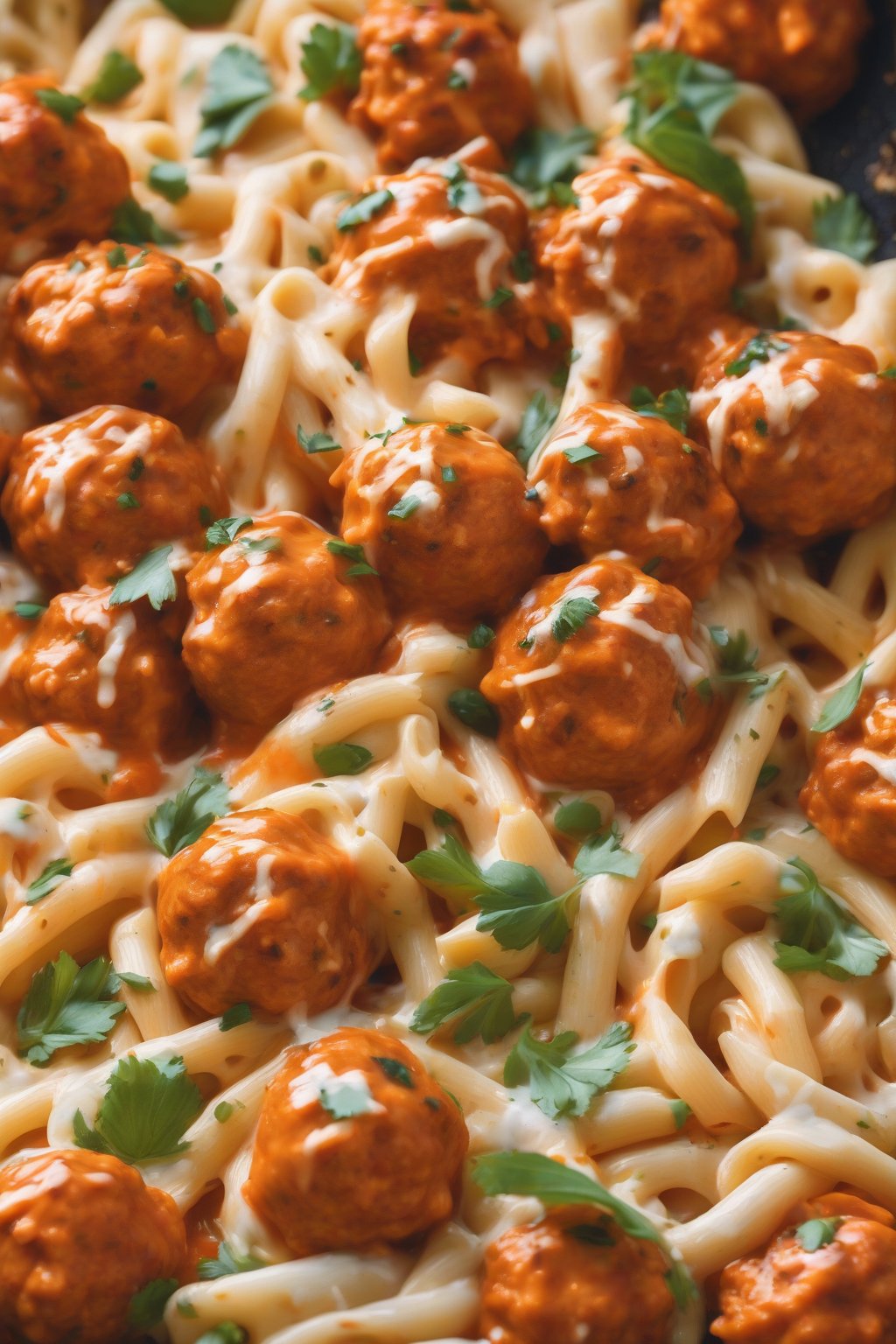 A high-resolution close-up photo of buffalo chicken meatballs tossed with cheesy pasta, under soft lighting.