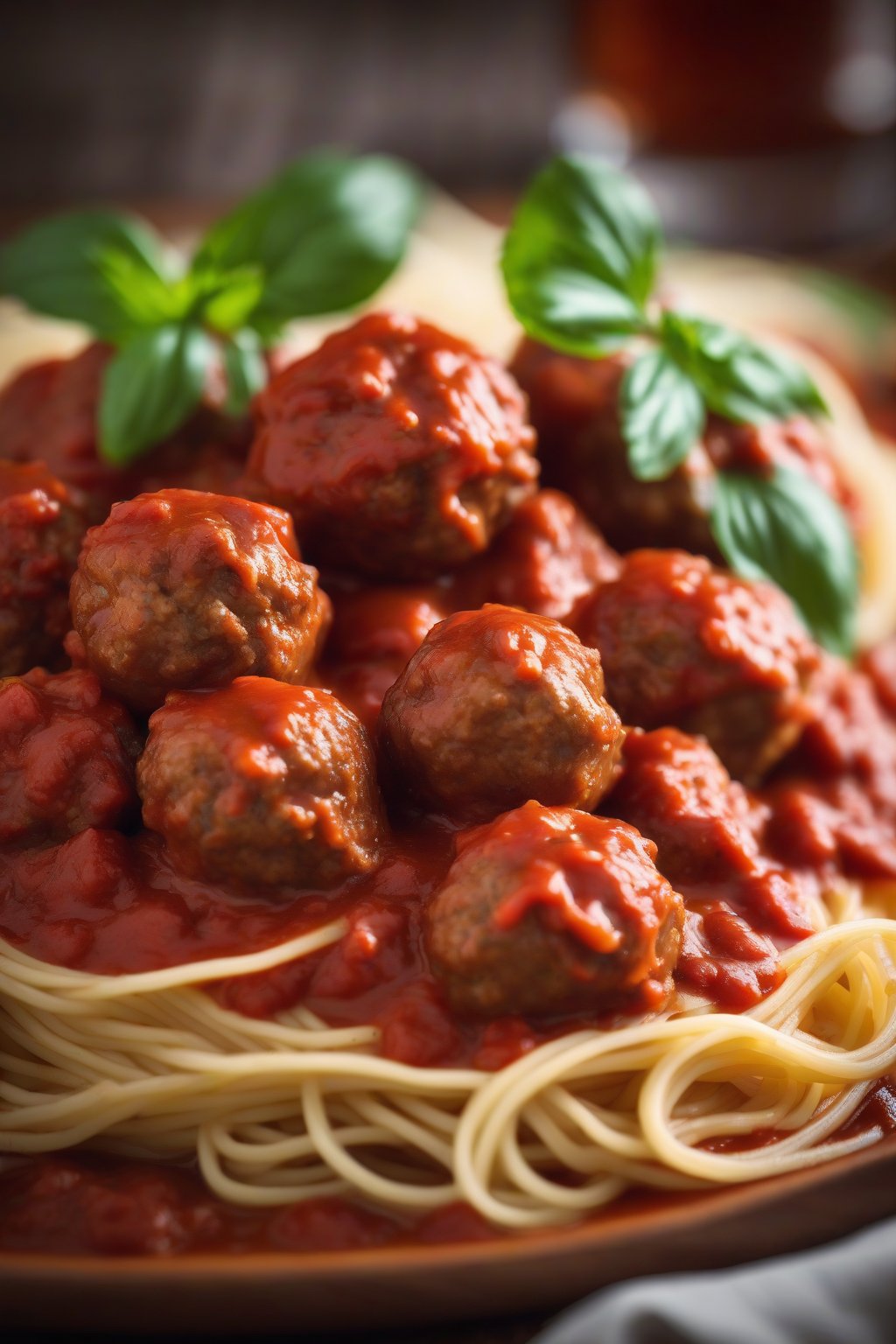A high-resolution close-up photo of sweet Italian meatballs in marinara with spaghetti, under soft lighting.