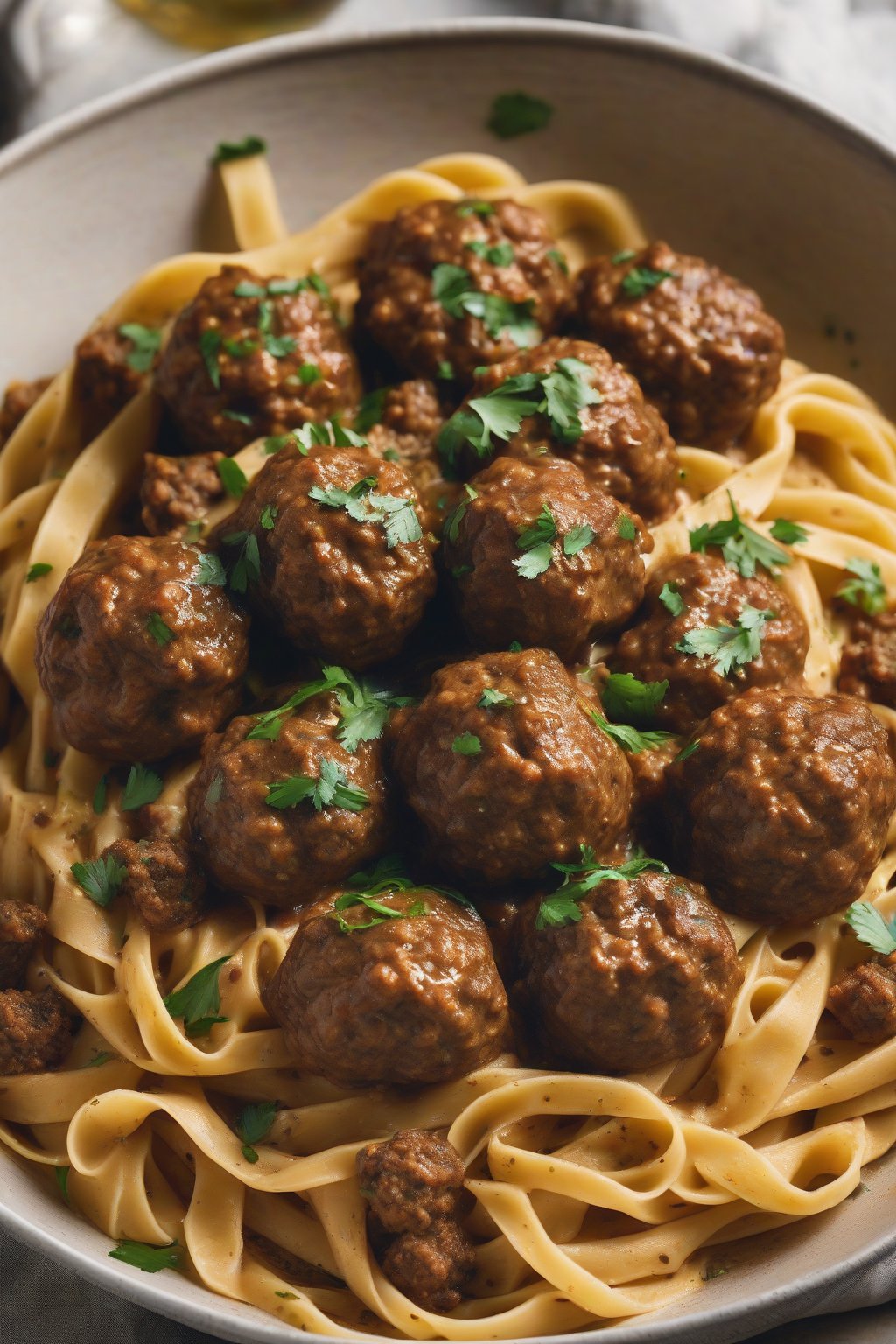 A high-resolution close-up photo of Moroccan spiced meatballs over cumin pasta, under soft lighting.