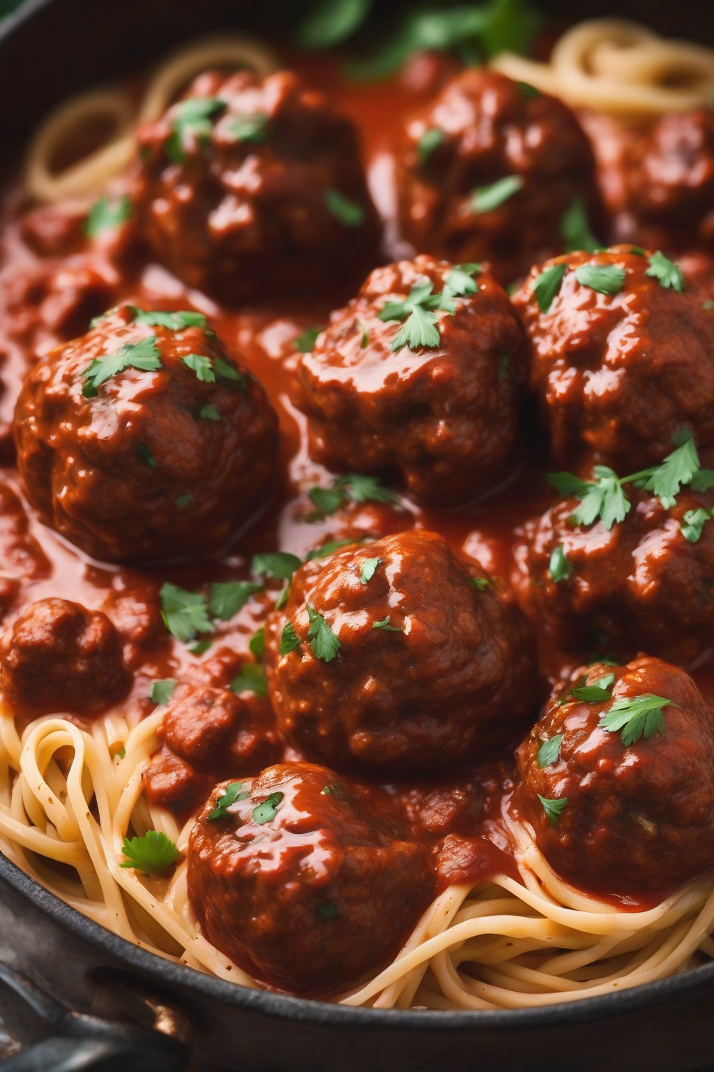 A high-resolution close-up photo of smoky chipotle meatballs in spicy sauce with linguine, under soft lighting.