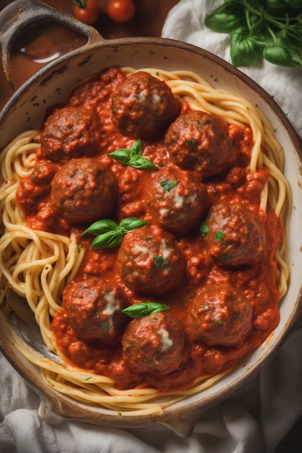 A high-resolution close-up photo of ricotta-infused beef meatballs swimming in tomato sauce over bucatini, under soft lighting.