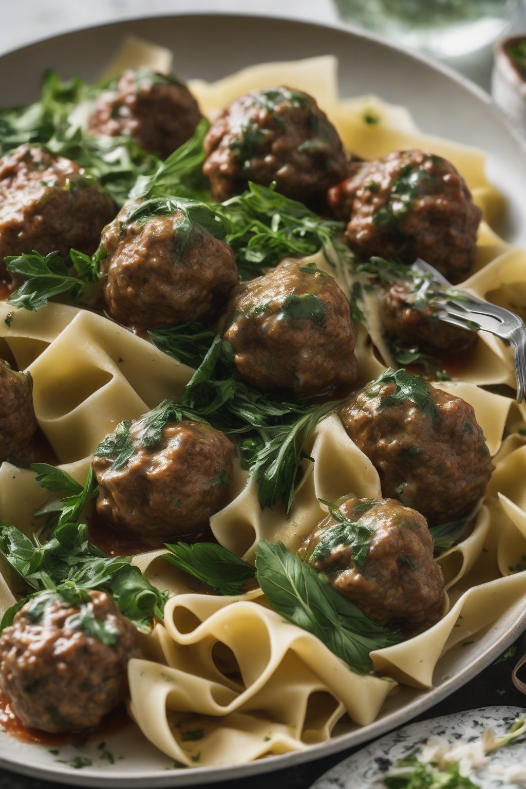 A high-resolution close-up photo of herb garden meatballs garnished with greens on pappardelle, under soft lighting.