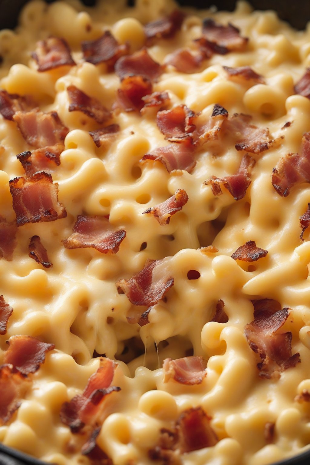 A high-resolution photo of bacon-loaded one-pot mac and cheese, with crispy bacon bits scattered on top and cheese pulling apart, under soft lighting.