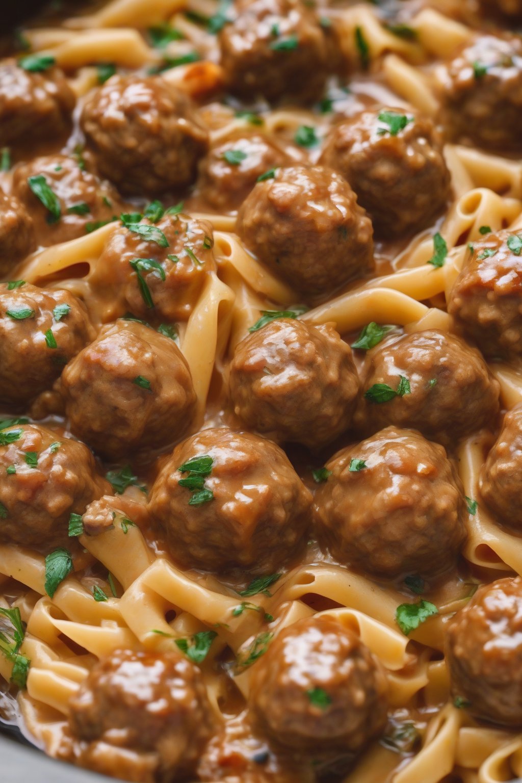 A high-resolution close-up photo of apple cider pork meatballs in glaze over autumn pasta, under soft lighting.