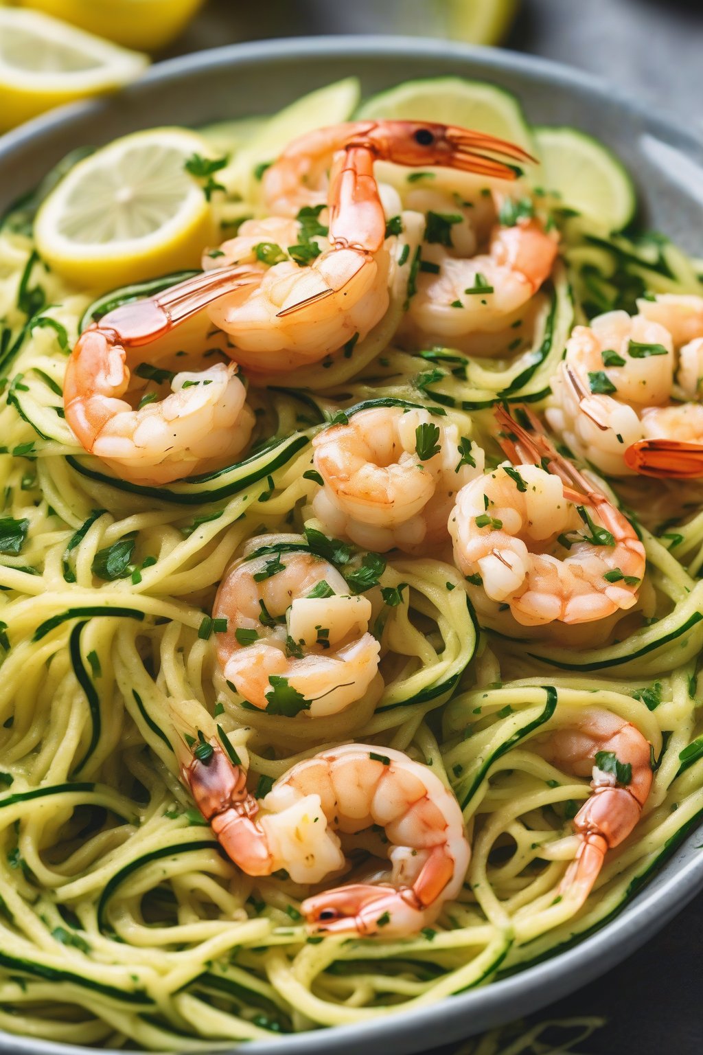 A high-resolution close-up photo of garlic butter shrimp over zucchini noodles, garnished with parsley and lemon wedges, under soft lighting.