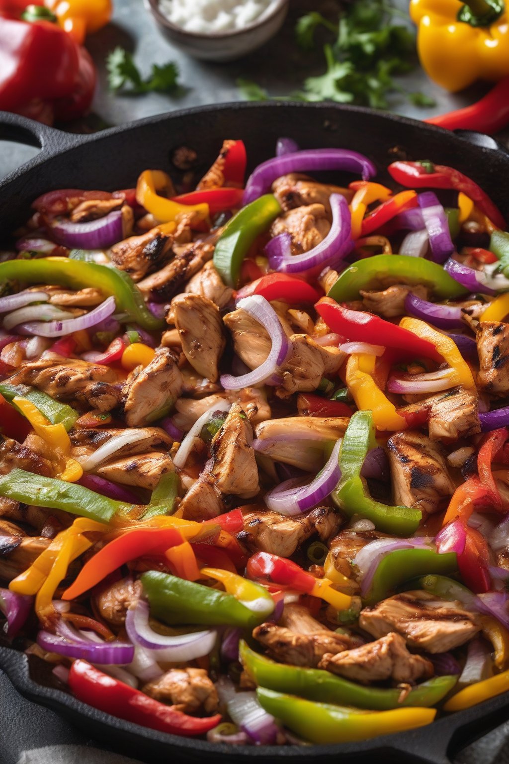 A high-resolution close-up photo of sizzling chicken fajitas with colorful peppers and onions in a cast-iron skillet, under soft lighting.