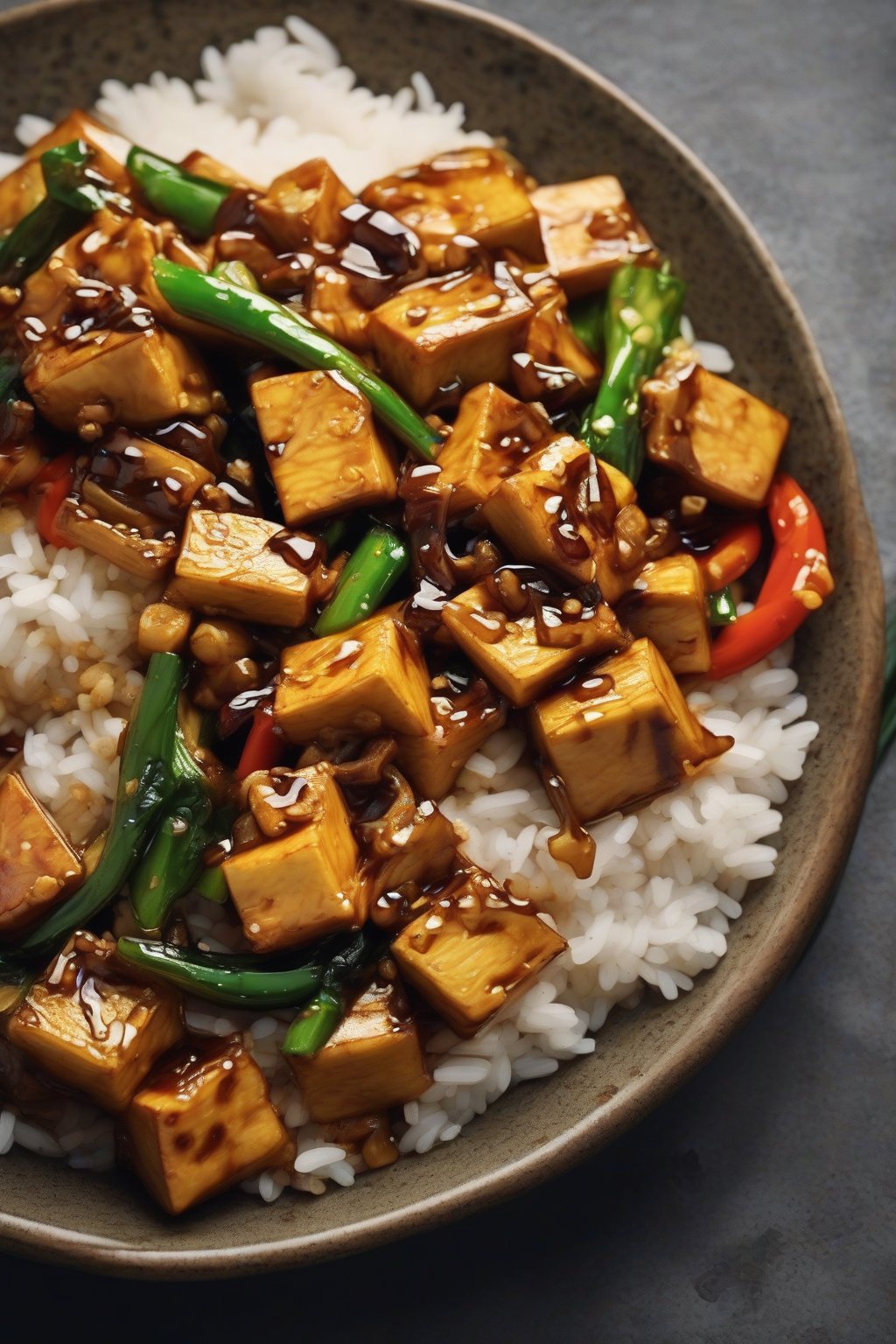 A high-resolution close-up photo of golden tofu veggie stir-fry over steamed rice, drizzled with soy sauce, under soft lighting.