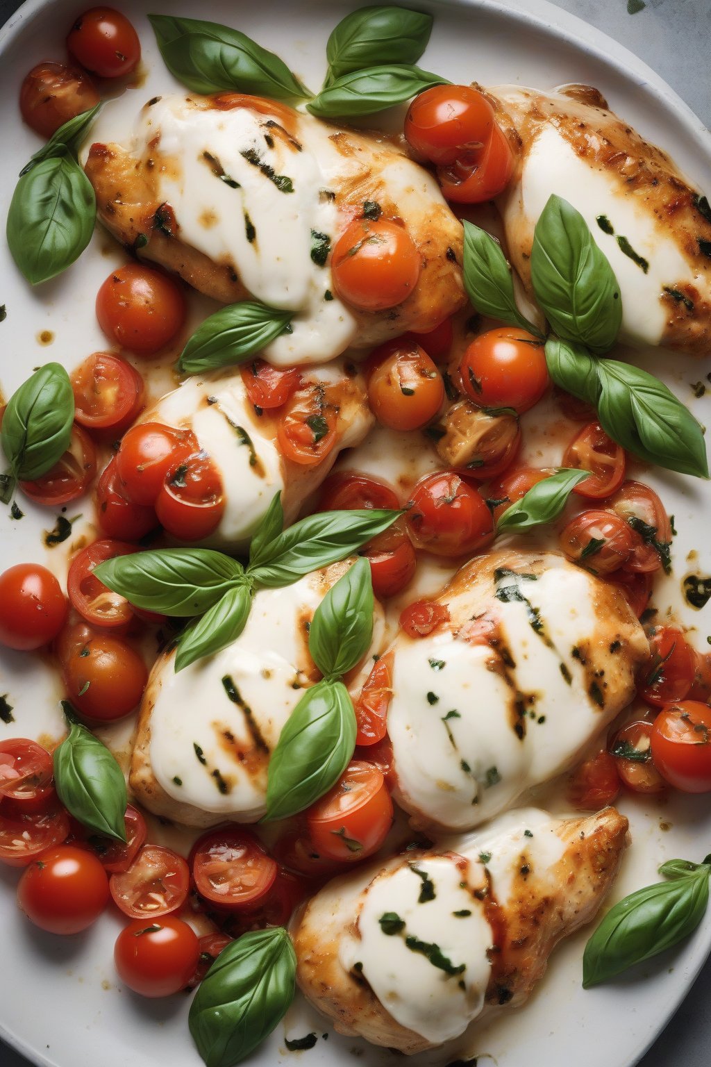 A high-resolution close-up photo of melted mozzarella caprese chicken with bursting tomatoes and basil, under soft lighting.