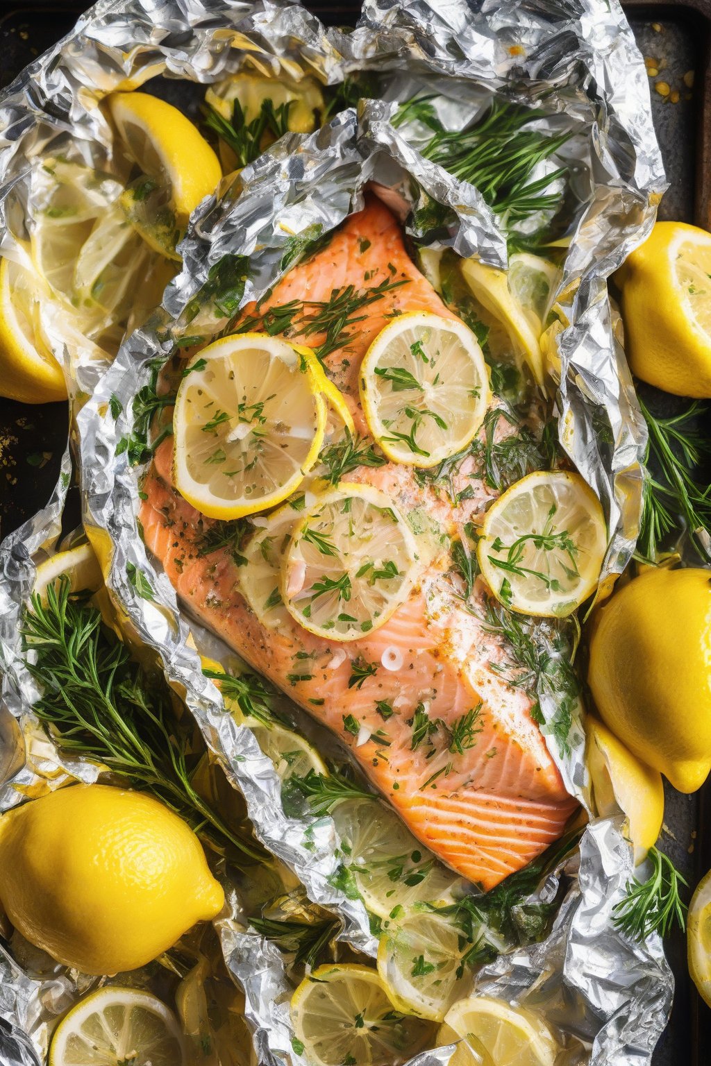 A high-resolution close-up photo of flaky lemon garlic salmon foil pack opened to reveal bright lemon slices and herbs, under soft lighting.