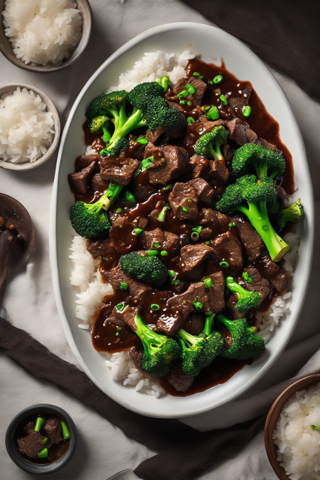 A high-resolution close-up photo of tender beef and crisp broccoli in glossy sauce over rice, under soft lighting.