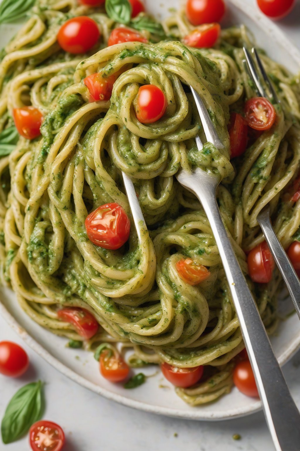 A high-resolution close-up photo of vibrant green pesto pasta twirled on a fork with tomatoes, under soft lighting.