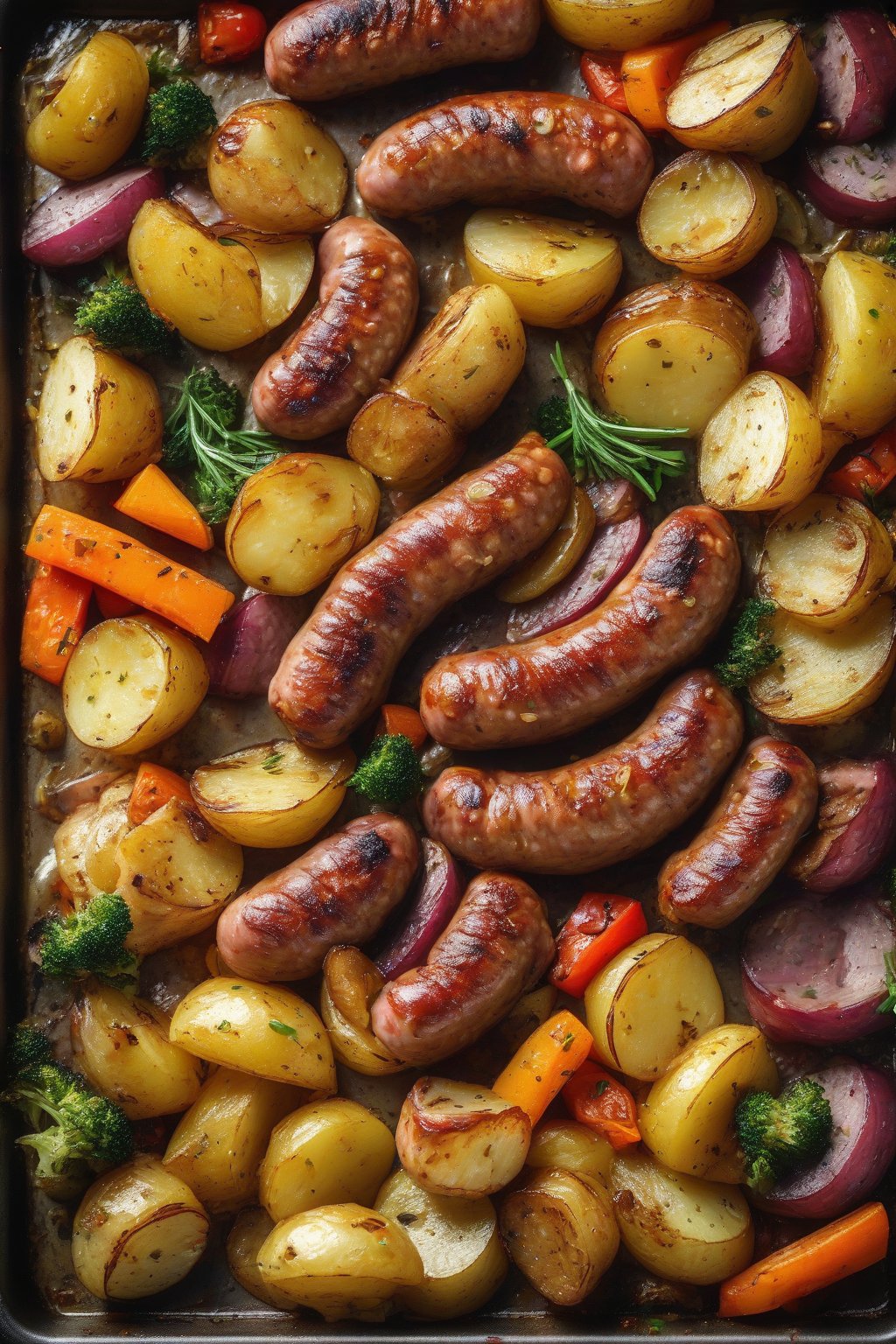 A high-resolution close-up photo of roasted sausage with golden potatoes and colorful veggies on a sheet pan, under soft lighting.