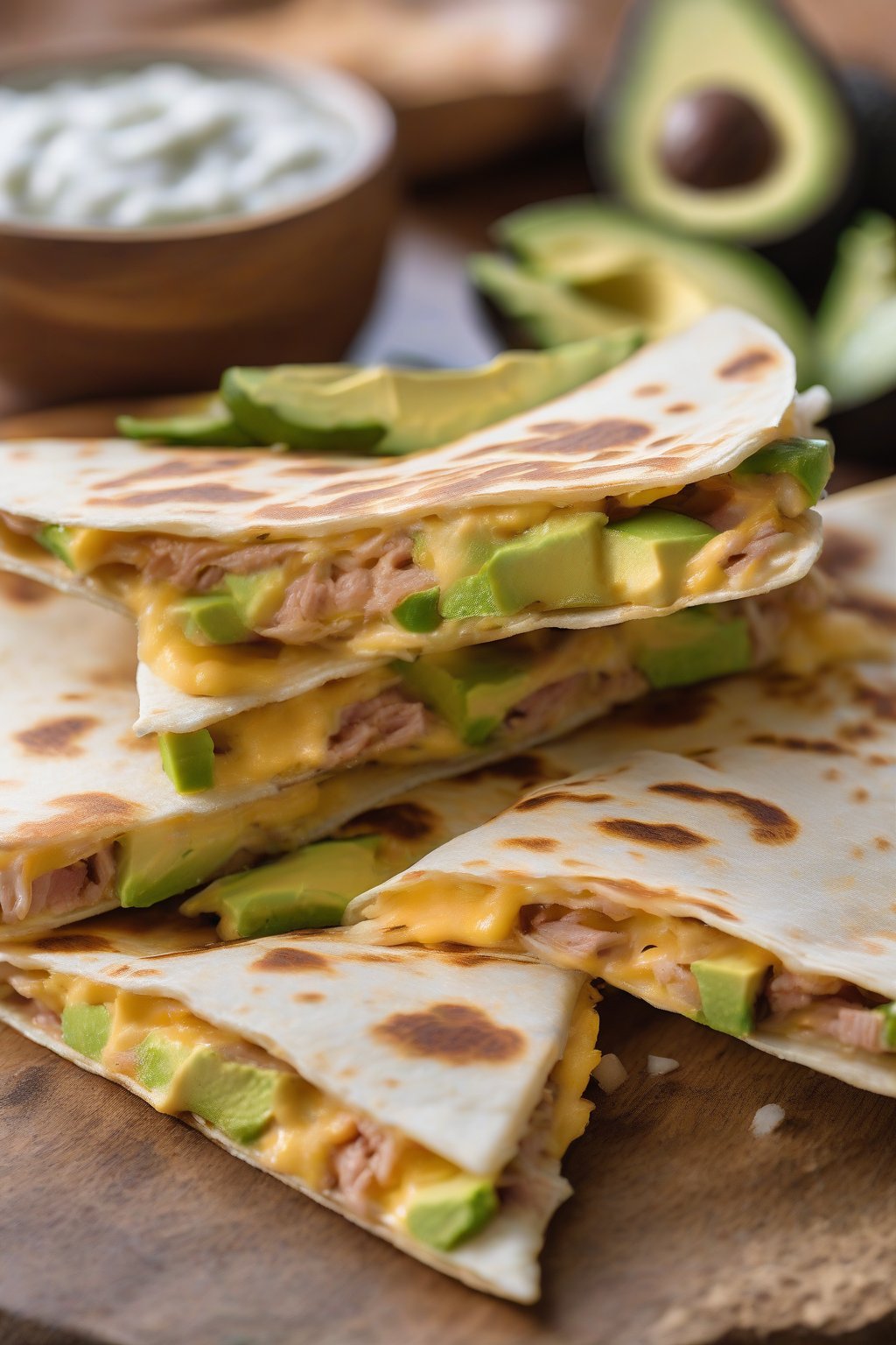 A high-resolution close-up photo of golden tuna quesadilla sliced to show melty cheese and avocado, under soft lighting.