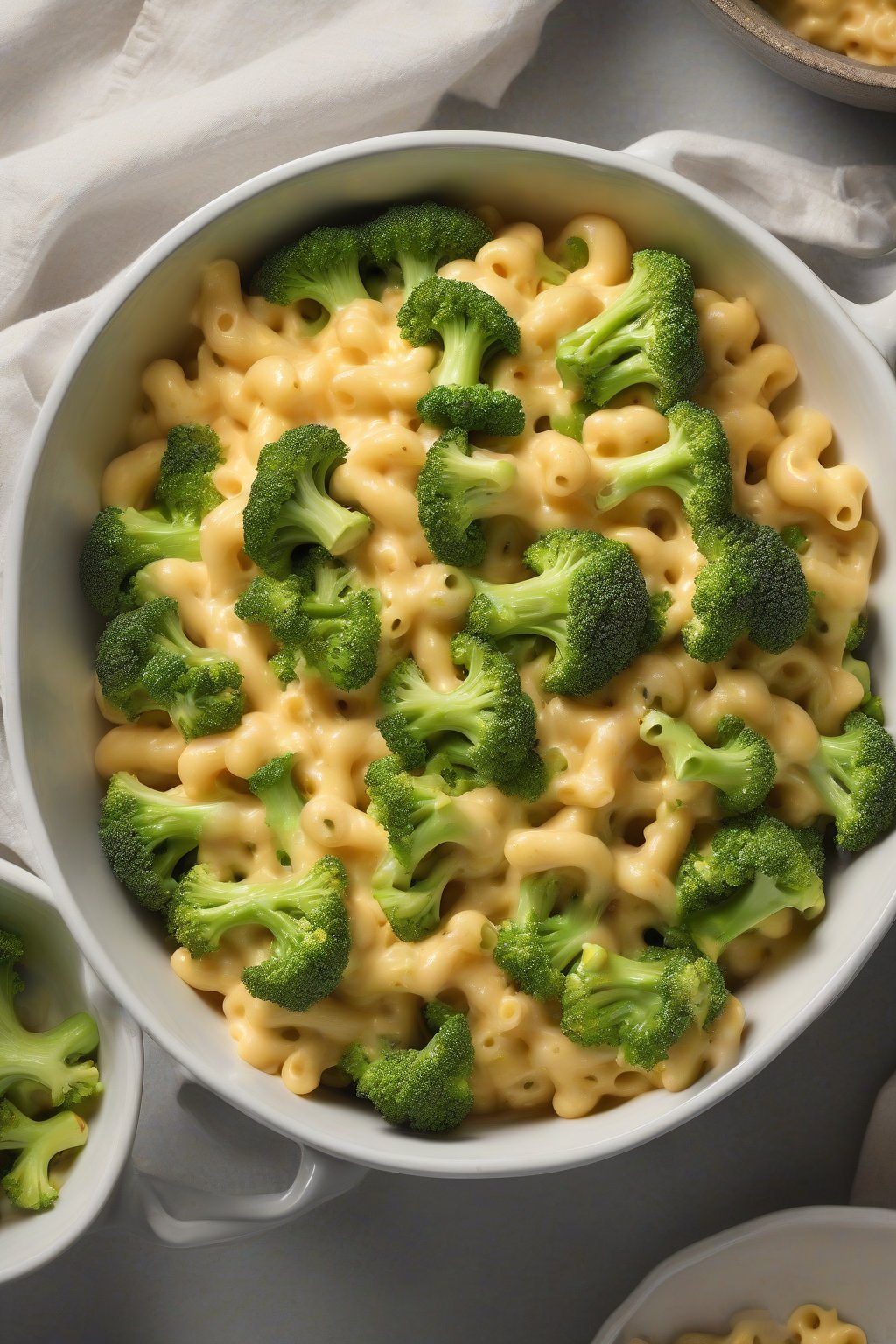 A high-resolution photo of vibrant green broccoli flecked through cheesy one-pot mac and cheese, served in a white bowl under soft lighting.