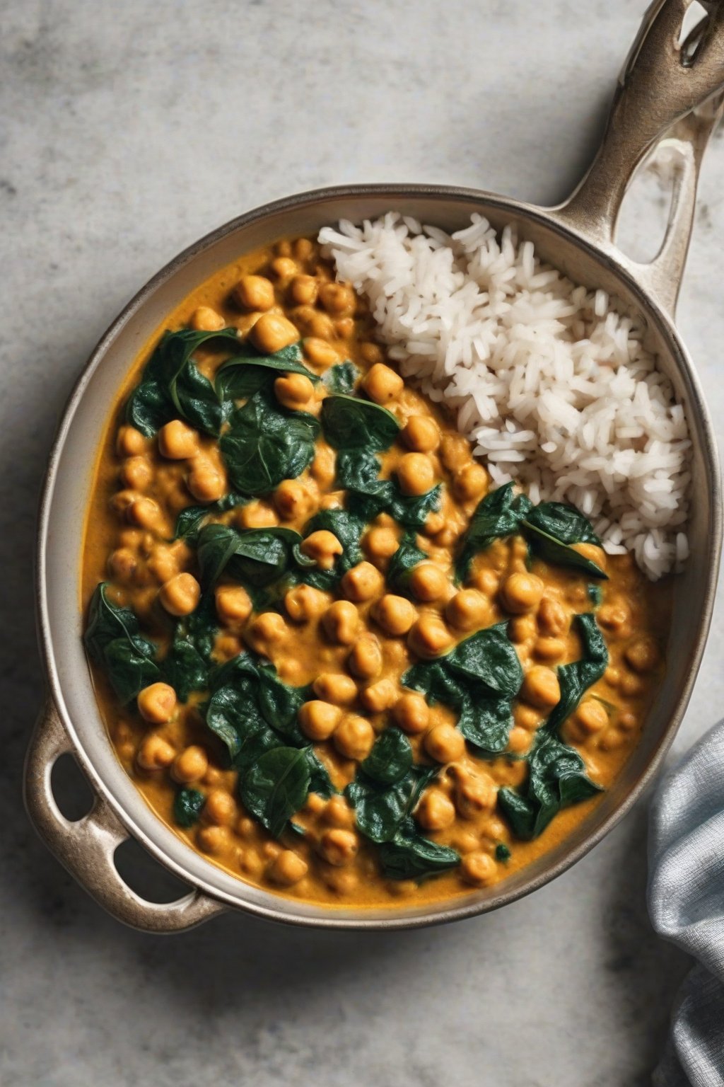 A high-resolution close-up photo of creamy chickpea curry with wilted spinach over rice, under soft lighting.
