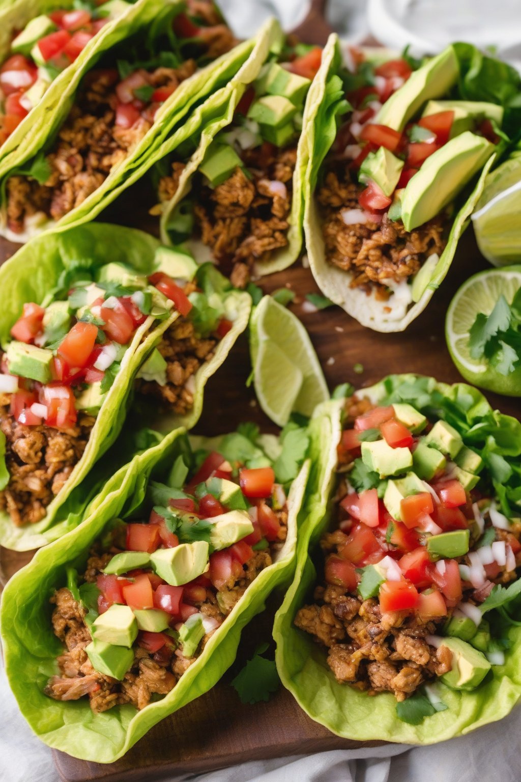 A high-resolution close-up photo of turkey taco lettuce wraps topped with fresh salsa and avocado, under soft lighting.