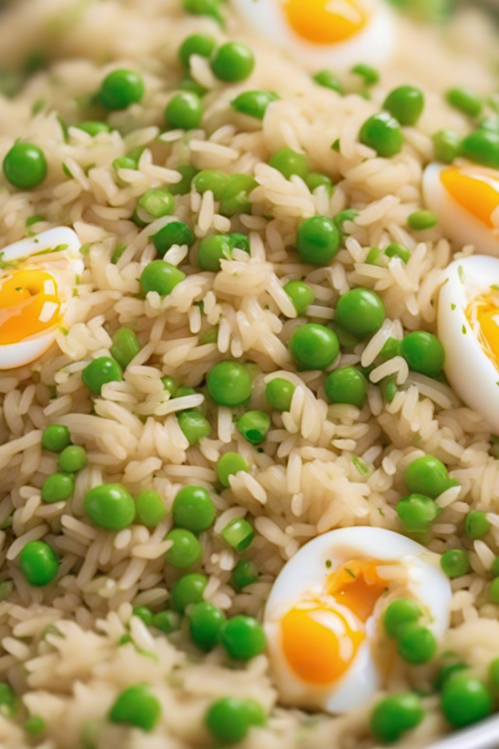A high-resolution close-up photo of fluffy egg fried rice with peas and green onions, under soft lighting.