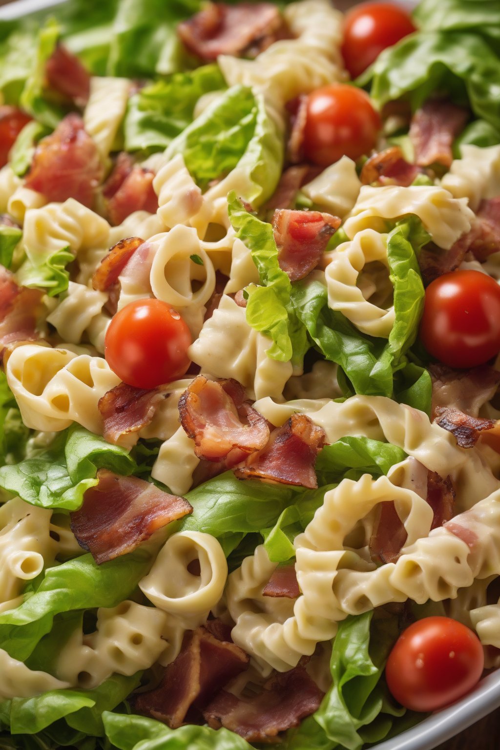A high-resolution close-up photo of bacon pasta salad with crisp lettuce and tomatoes, under soft lighting.