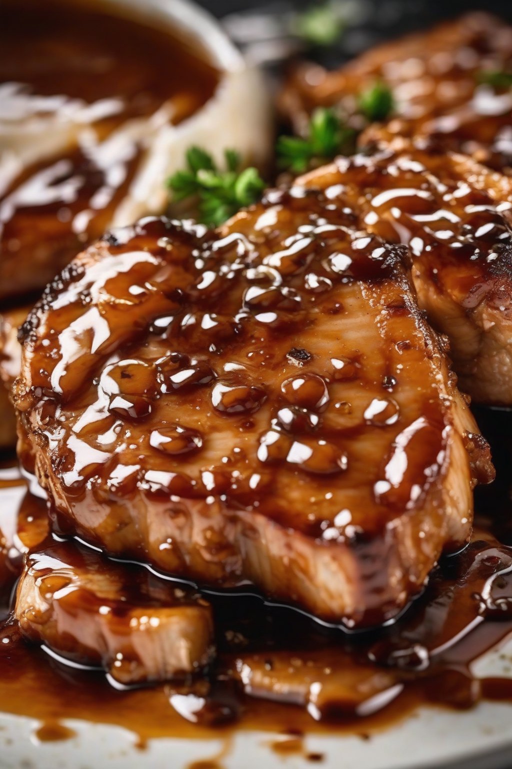A high-resolution close-up photo of glazed honey garlic pork chops with sauce drizzle, under soft lighting.