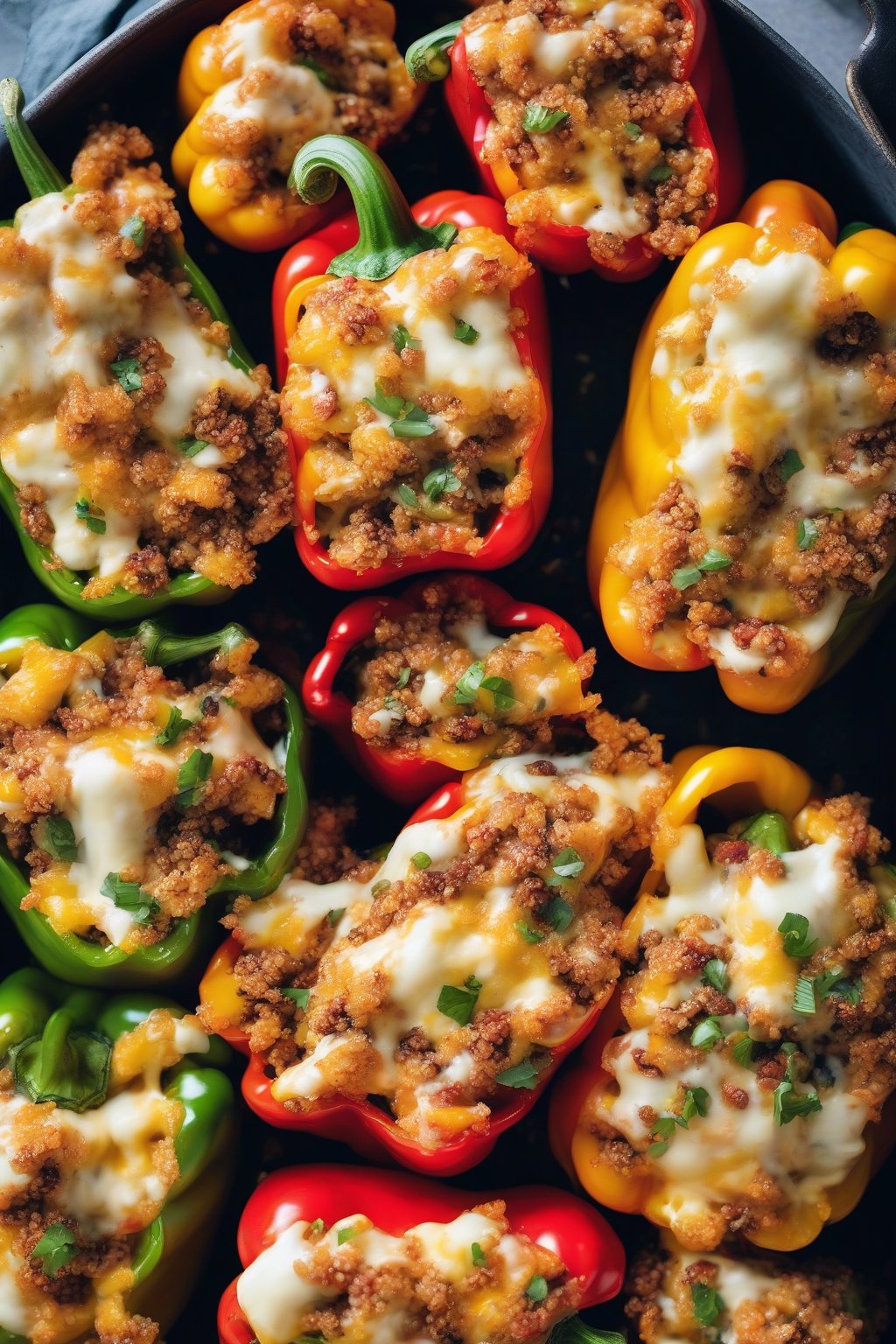 A high-resolution close-up photo of stuffed quinoa bell peppers melted with cheese, under soft lighting.