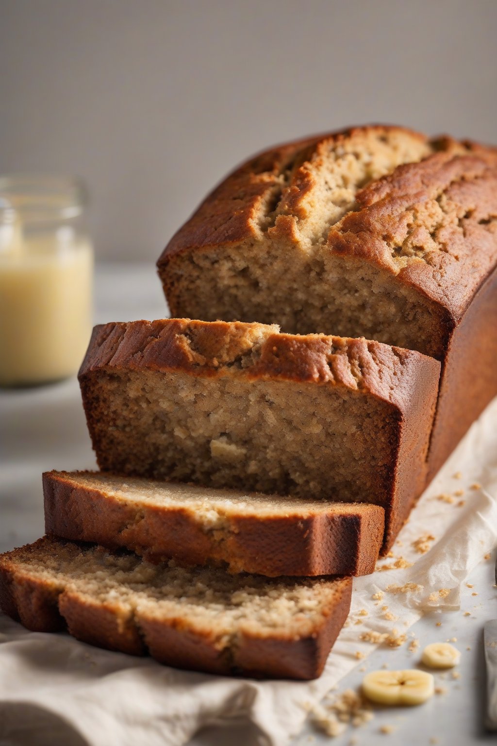 A high-resolution photo of a sliced loaf of classic moist banana bread revealing a tender, golden crumb under soft lighting.
