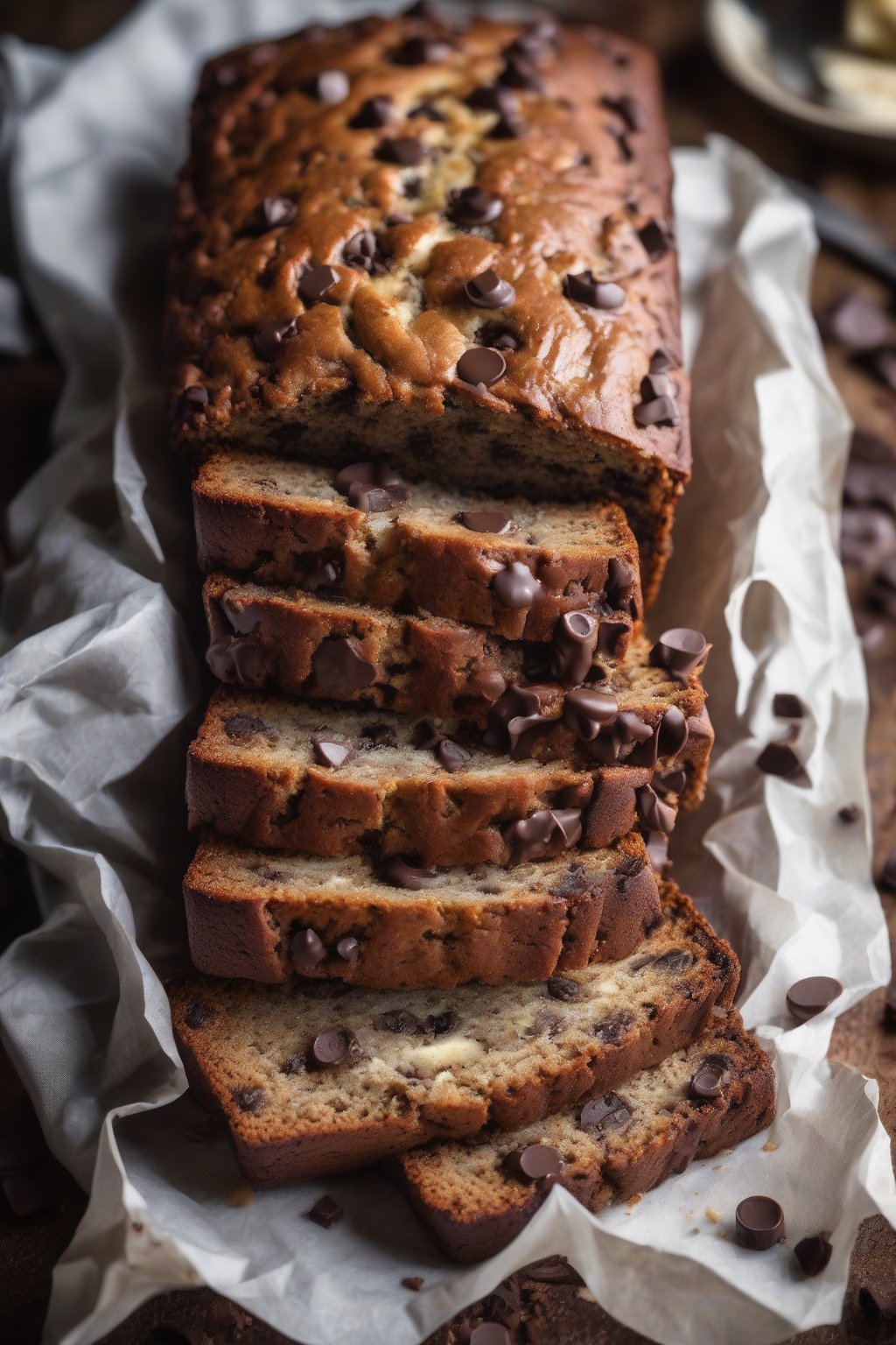 A high-resolution photo of chocolate chip moist banana bread with gooey chips oozing out, under soft lighting.