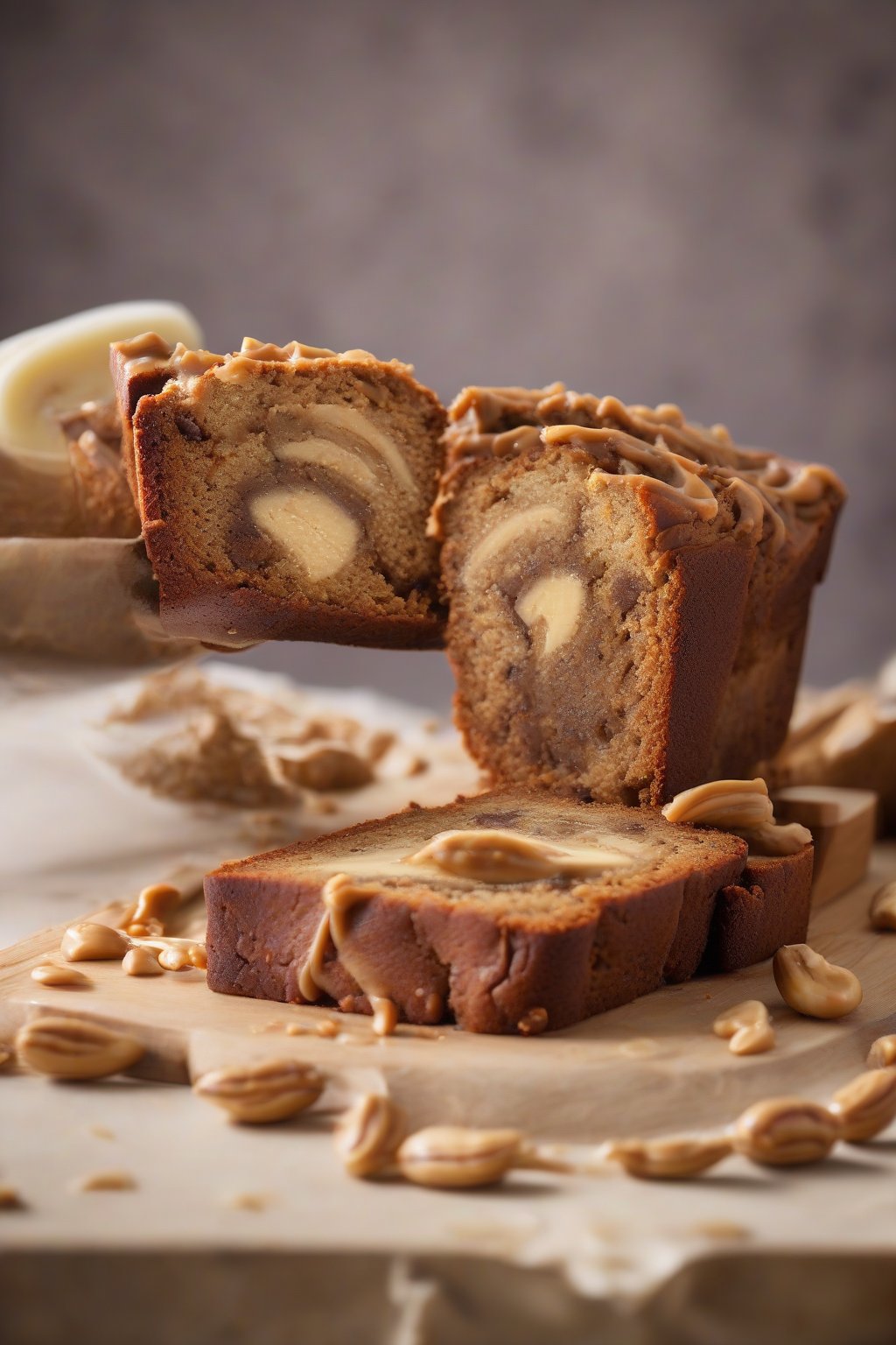 A high-resolution photo of peanut butter swirled moist banana bread slice, creamy layers visible, under soft lighting.