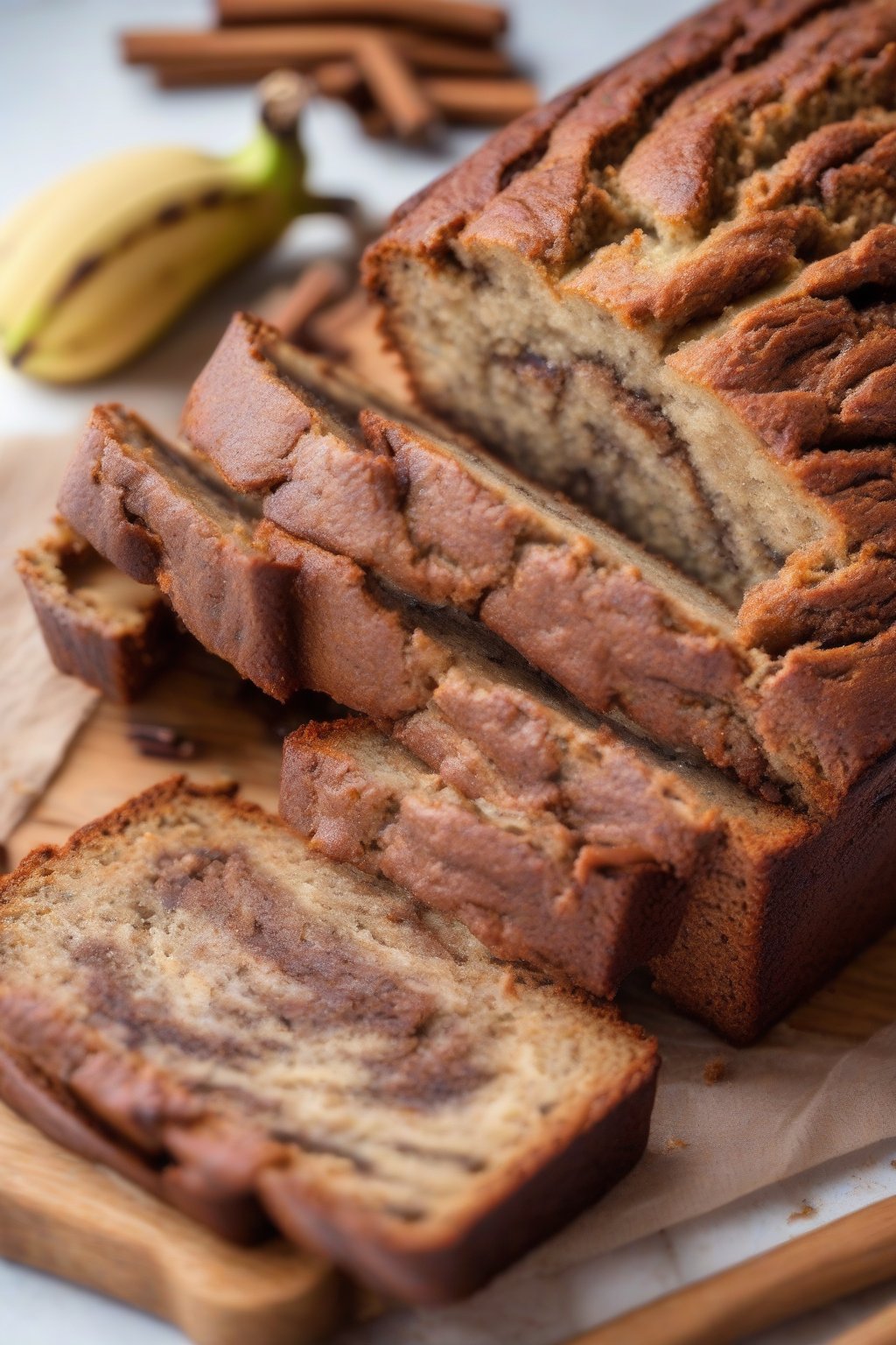 A high-resolution photo of cinnamon swirl moist banana bread cut open to show the ribboned layers, under soft lighting.