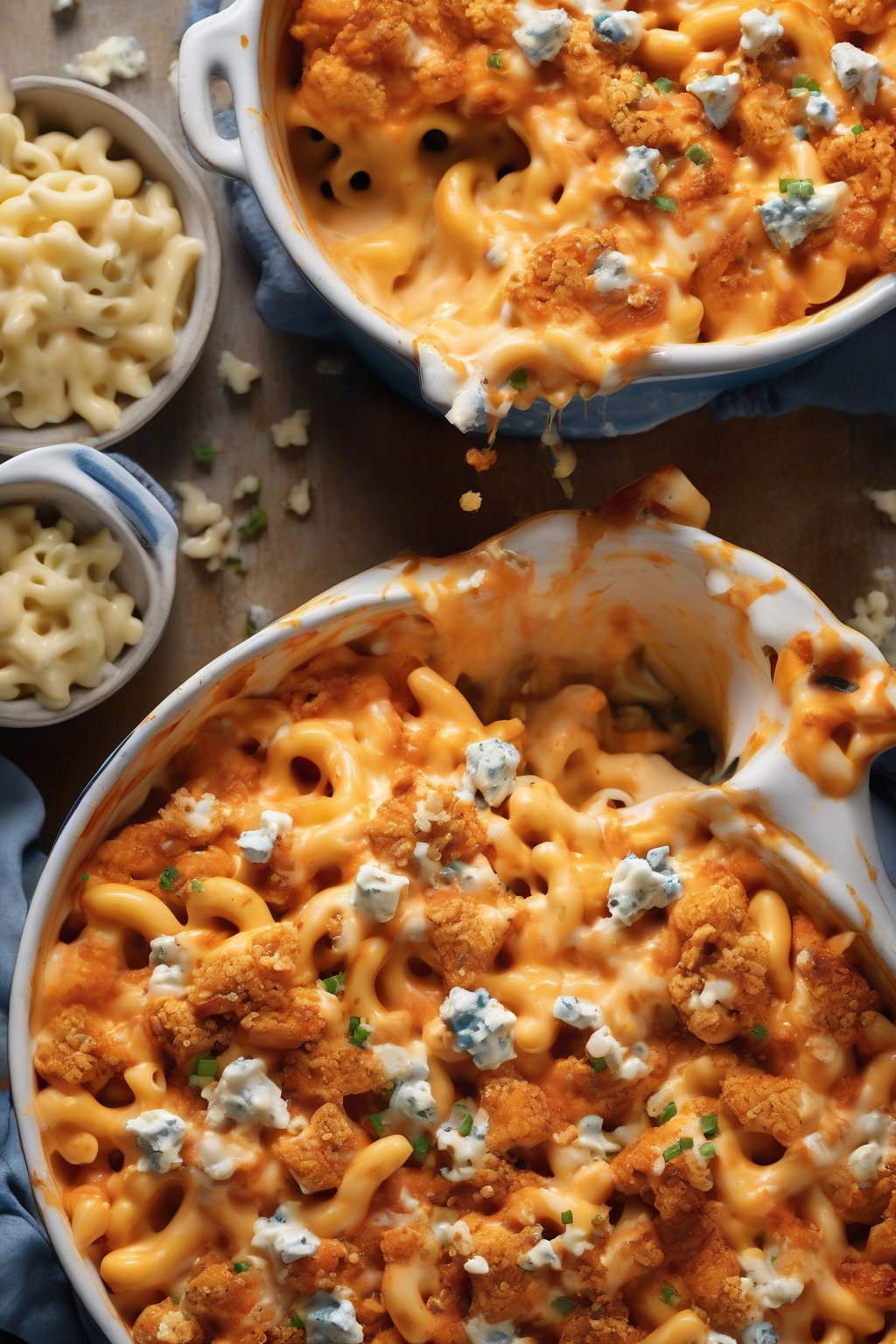 A high-resolution photo of fiery buffalo chicken one-pot mac and cheese, drizzled with extra sauce and blue cheese crumbles, under soft lighting.