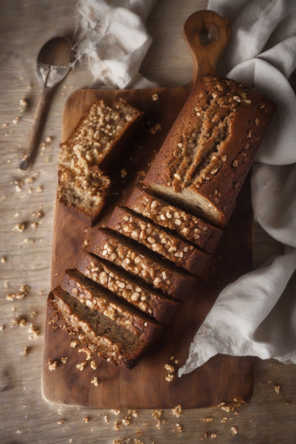 A high-resolution photo of walnut-studded moist banana bread loaf with crumbs on a wooden board, under soft lighting.