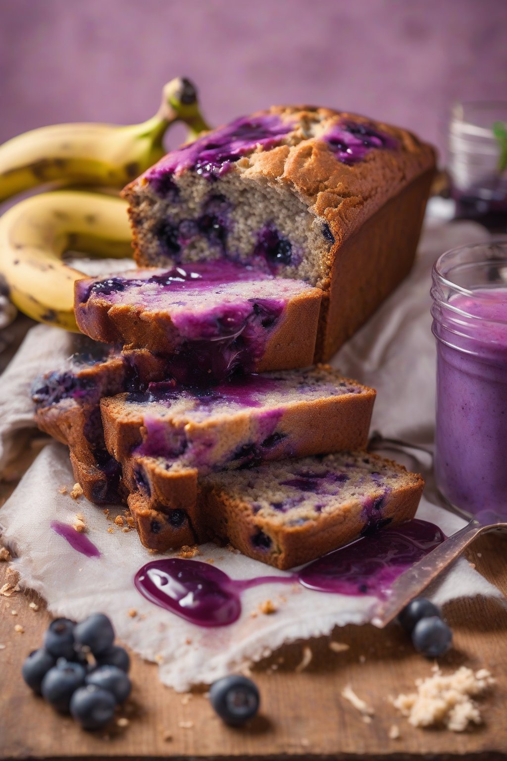 A high-resolution photo of blueberry moist banana bread slice with purple juices staining the crumb, under soft lighting.