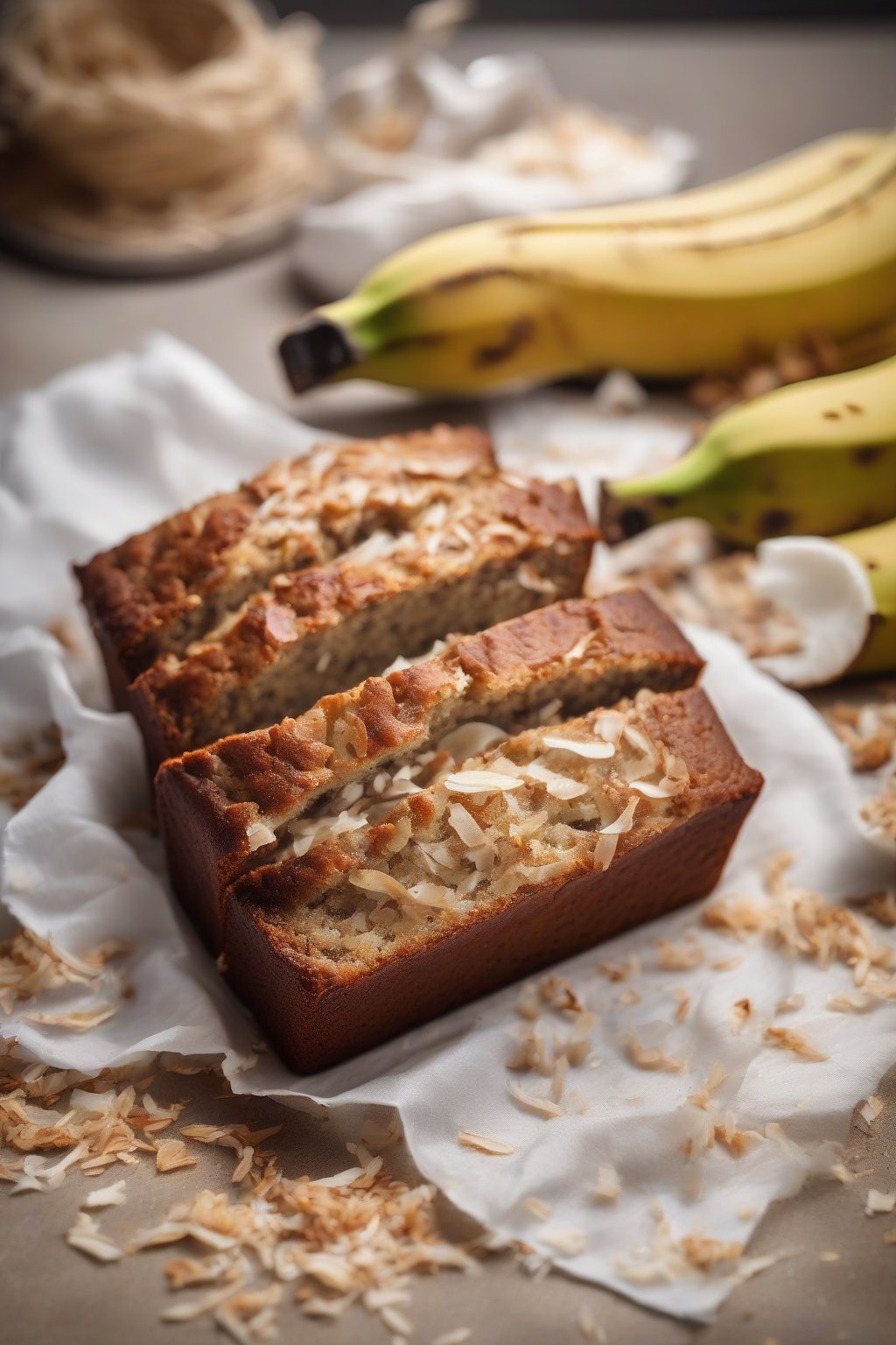 A high-resolution photo of coconut-flecked moist banana bread with toasted shreds on top, under soft lighting.