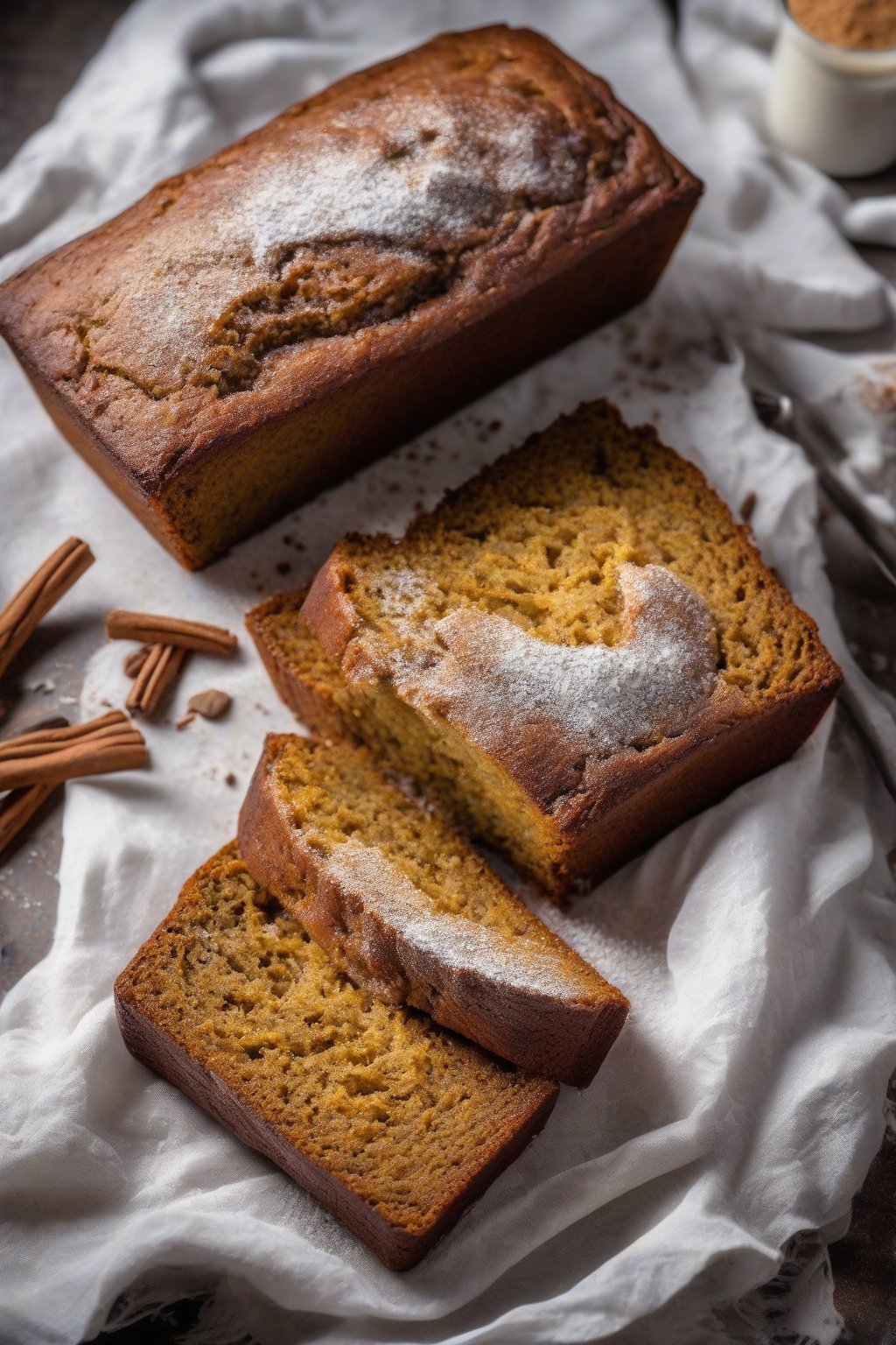 A high-resolution photo of pumpkin spice moist banana bread dusted with powdered sugar, under soft lighting.
