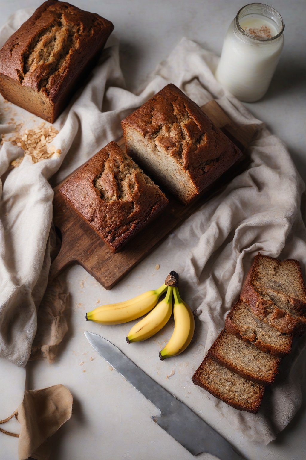 A high-resolution photo of a vegan moist banana bread loaf with a crackly top, under soft lighting.