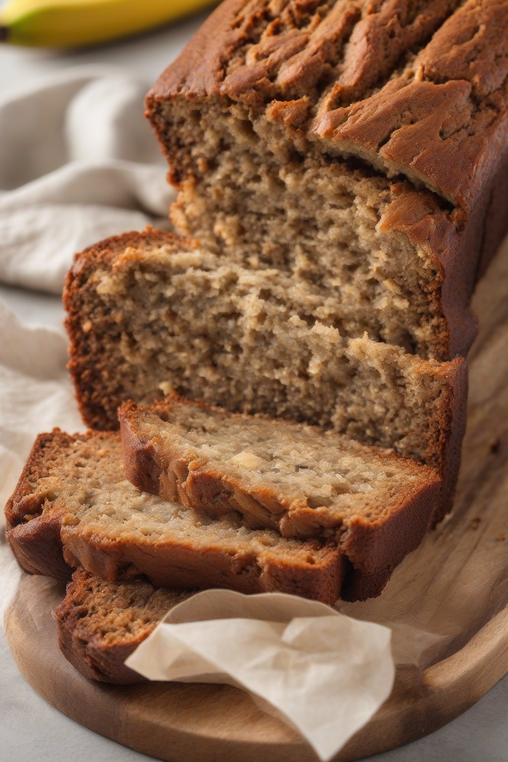 A high-resolution photo of gluten-free moist banana bread slice showing dense, tender texture, under soft lighting.