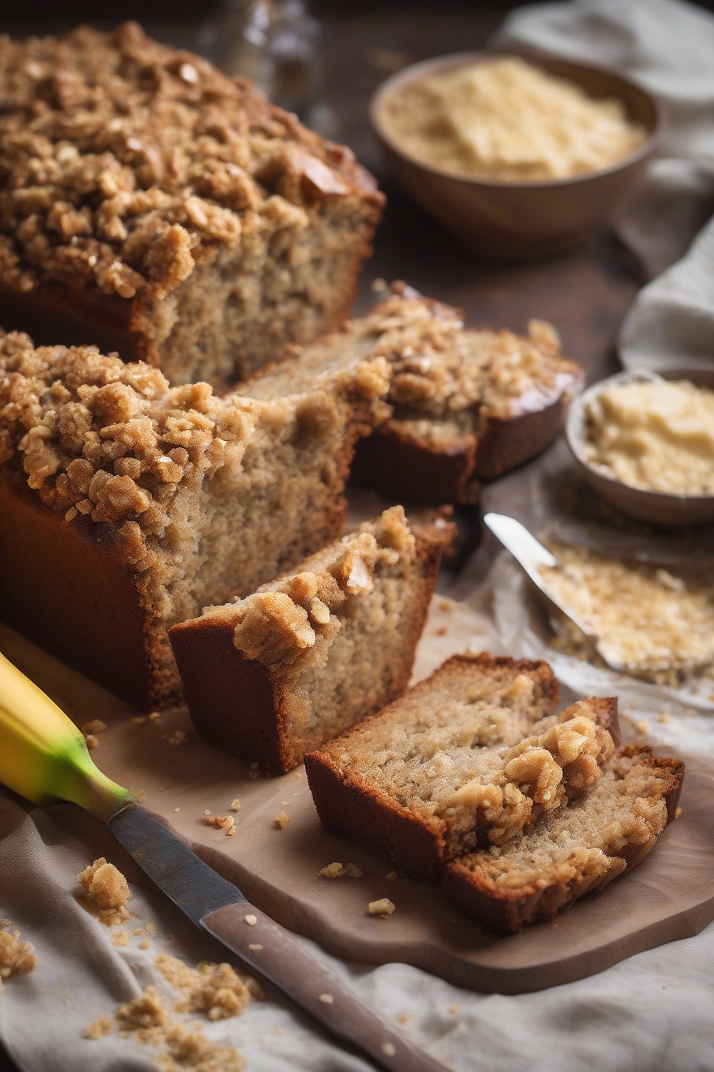A high-resolution photo of streusel-crumbled moist banana bread with golden topping, under soft lighting.