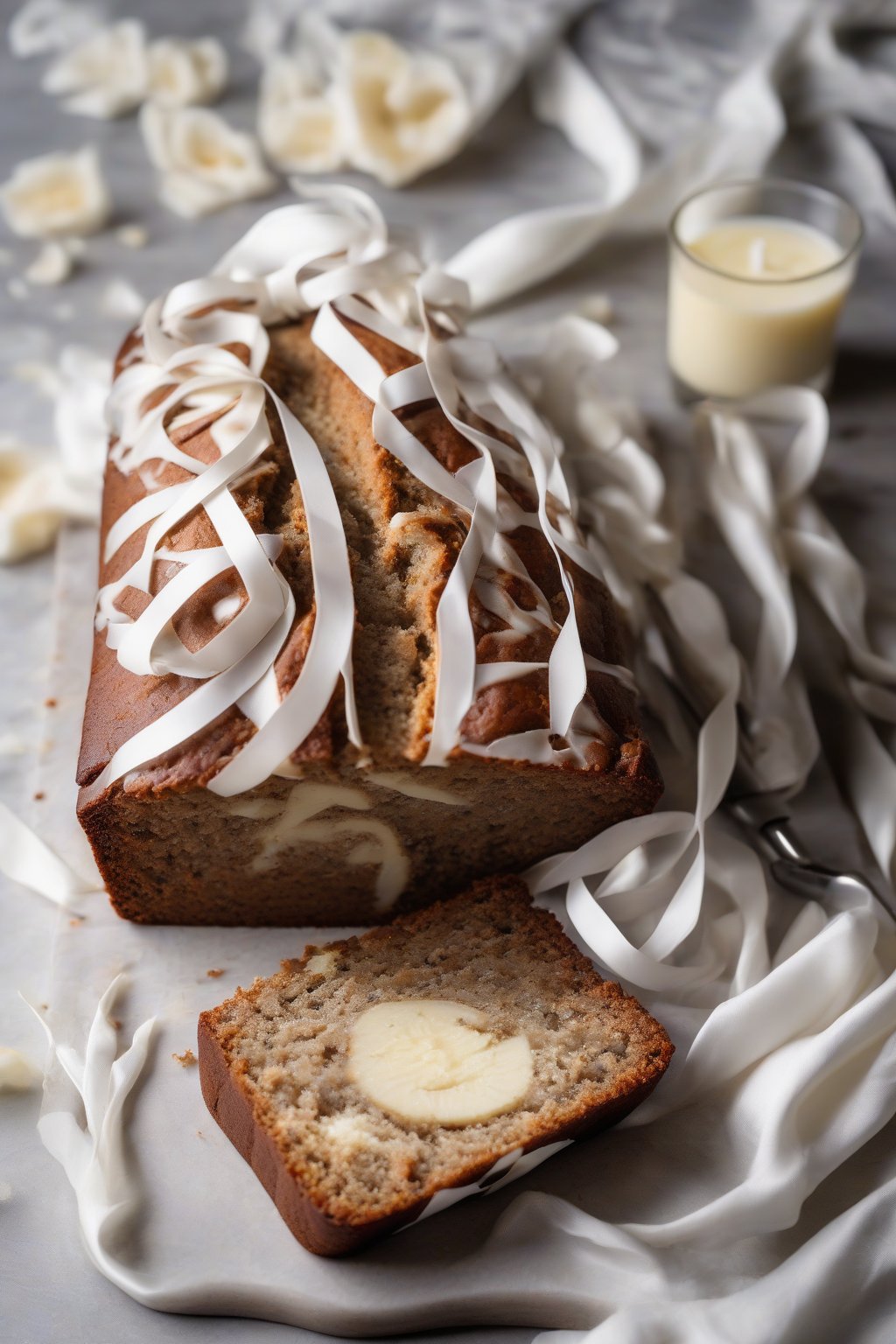 A high-resolution photo of cream cheese swirled moist banana bread cut to reveal white ribbons, under soft lighting.