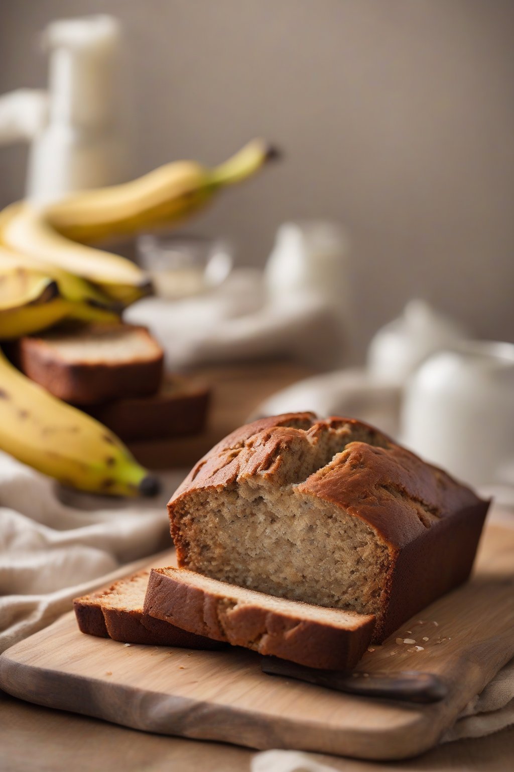 A high-resolution photo of yogurt moist banana bread loaf with a perfect dome, under soft lighting.