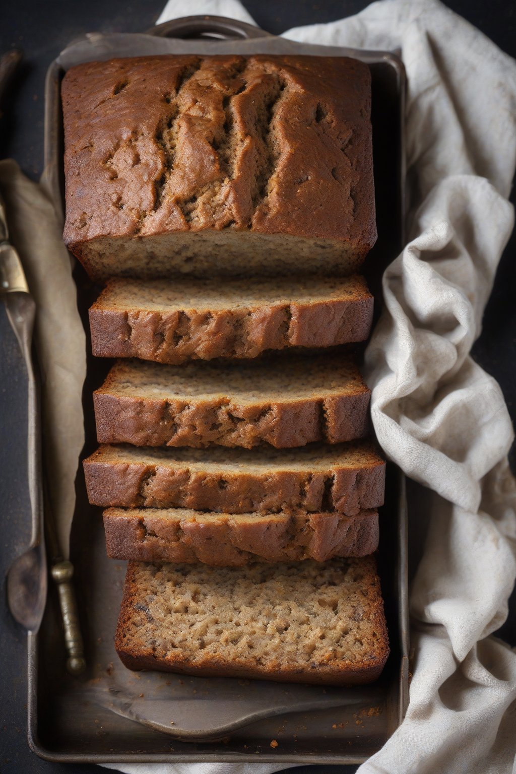 A high-resolution photo of chai-spiced moist banana bread with subtle orange flecks, under soft lighting.