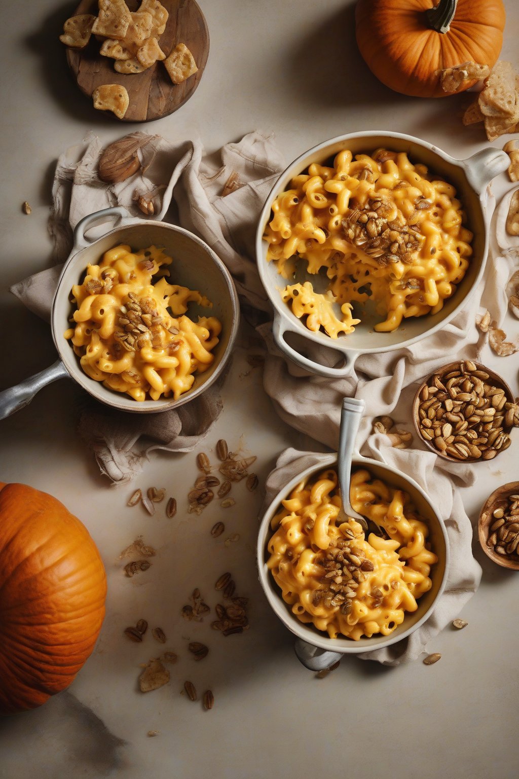 A high-resolution photo of orange-tinged pumpkin one-pot mac and cheese, topped with toasted pepitas, in an autumnal bowl under soft lighting.